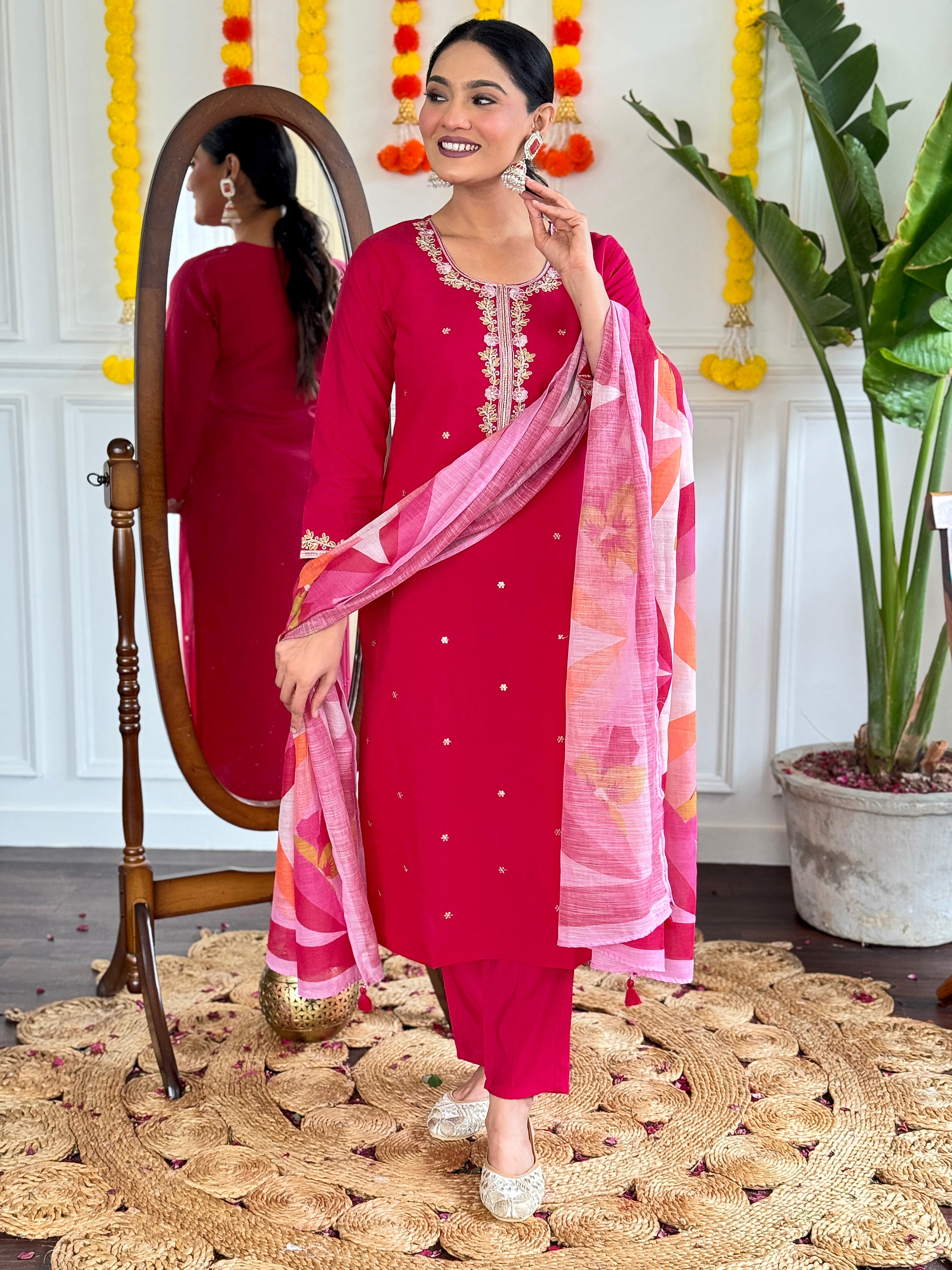 Women's Pink Viscose Chanderi Embroidered Kurta Set with Embroidered Dupatta