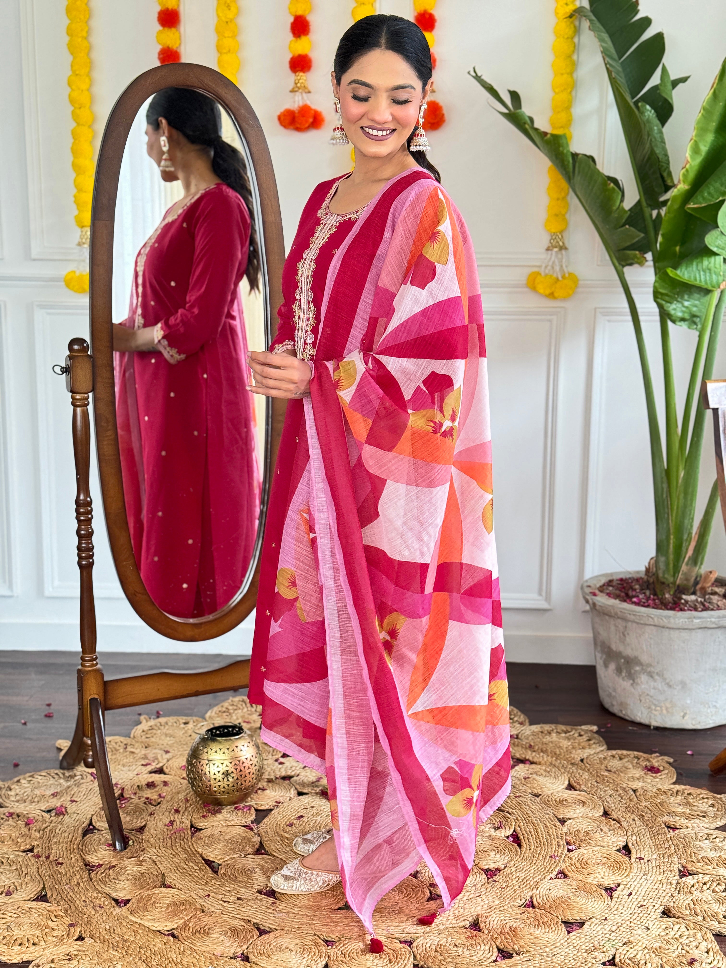 Women's Pink Viscose Chanderi Embroidered Kurta Set with Embroidered Dupatta