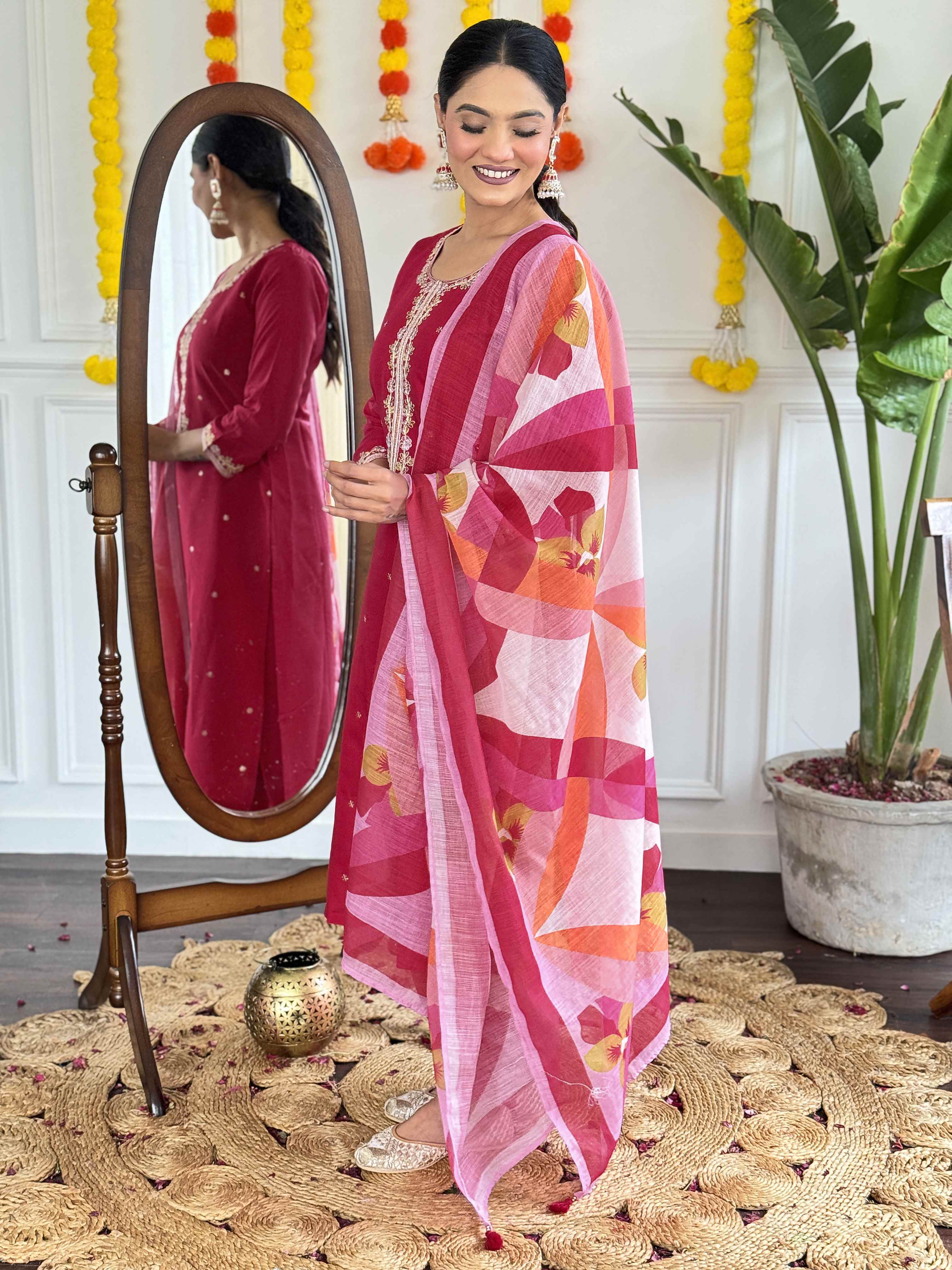 Women's Pink Viscose Chanderi Embroidered Kurta Set with Embroidered Dupatta