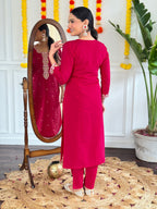 Women's Pink Viscose Chanderi Embroidered Kurta Set with Embroidered Dupatta