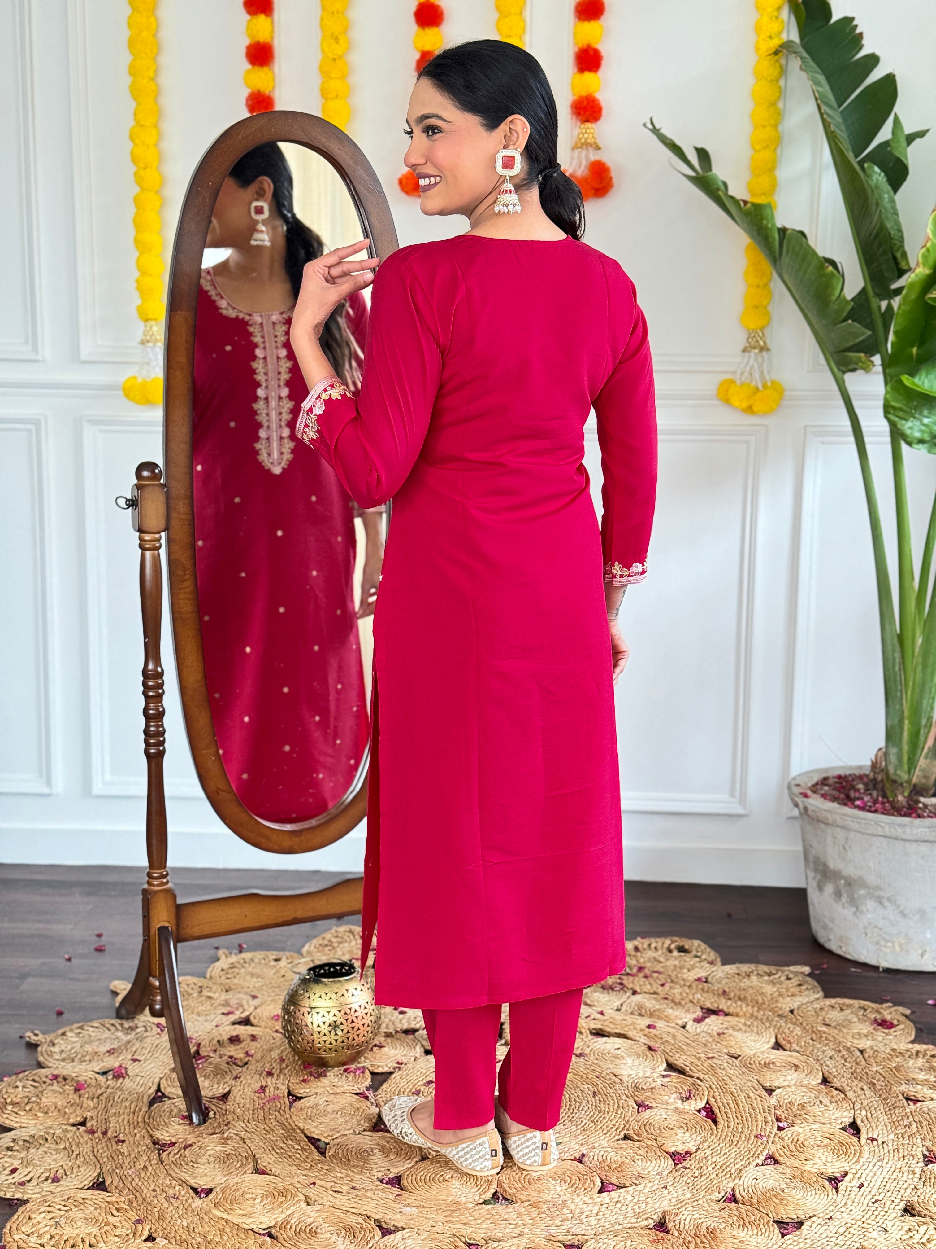 Women's Pink Viscose Chanderi Embroidered Kurta Set with Embroidered Dupatta