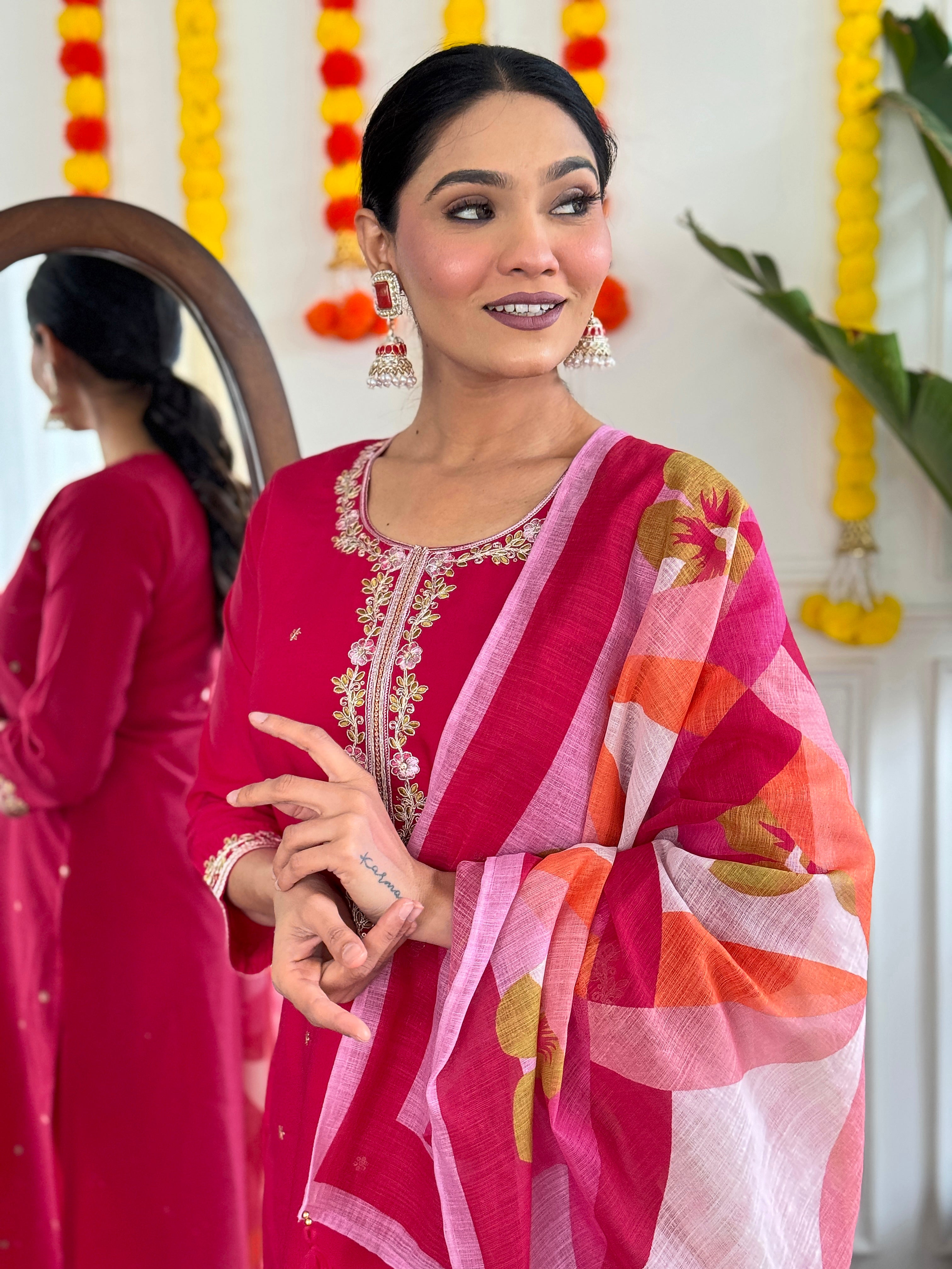 Women's Pink Viscose Chanderi Embroidered Kurta Set with Embroidered Dupatta