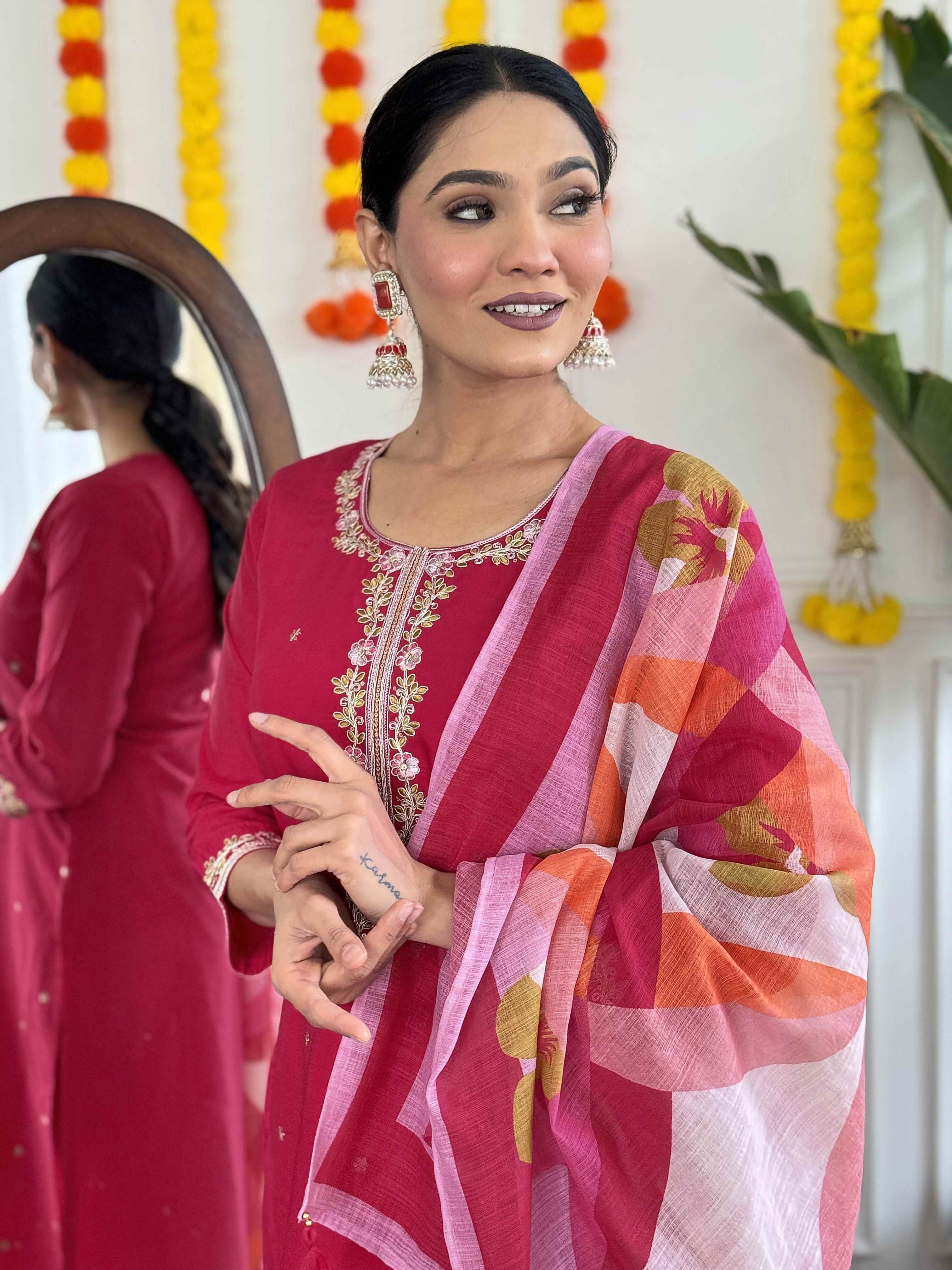 Women's Pink Viscose Chanderi Embroidered Kurta Set with Embroidered Dupatta