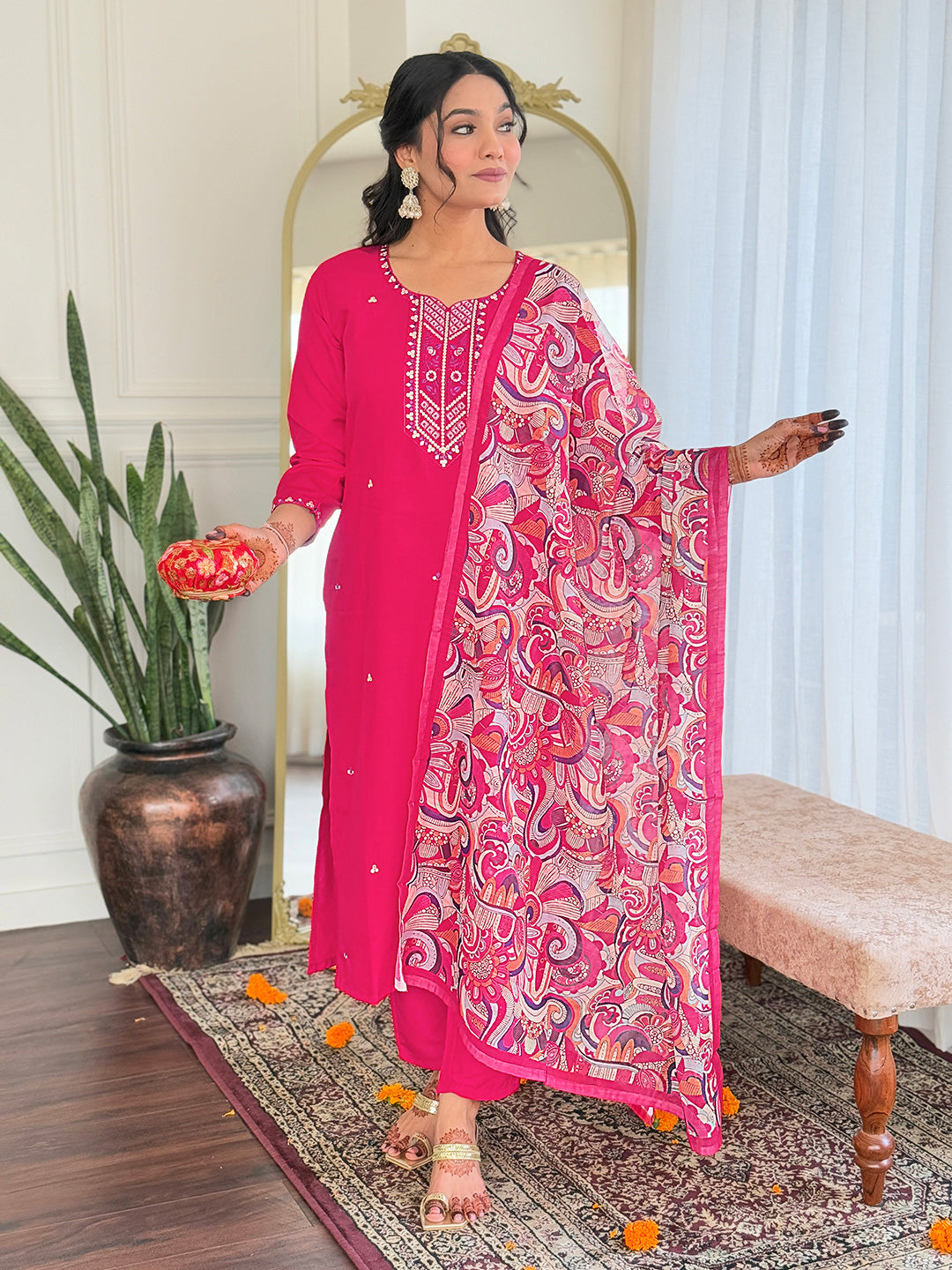 Pink Rayon Straight Kurta Set with Embroidery and Printed Linen Dupatta