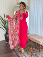 Pink Rayon Straight Kurta Set with Embroidery and Printed Linen Dupatta