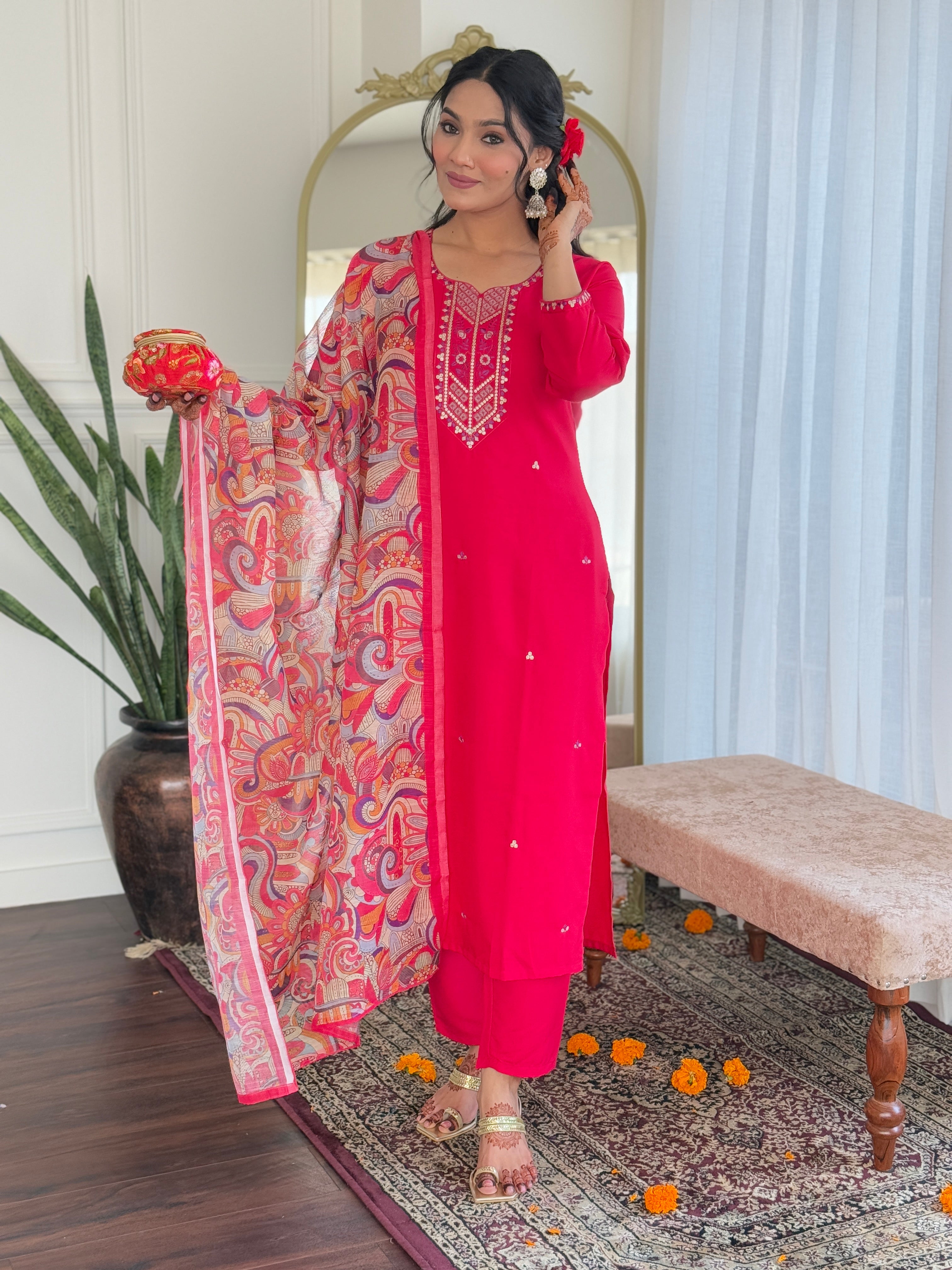 Pink Rayon Straight Kurta Set with Embroidery and Printed Linen Dupatta
