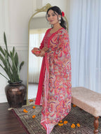 Pink Rayon Straight Kurta Set with Embroidery and Printed Linen Dupatta