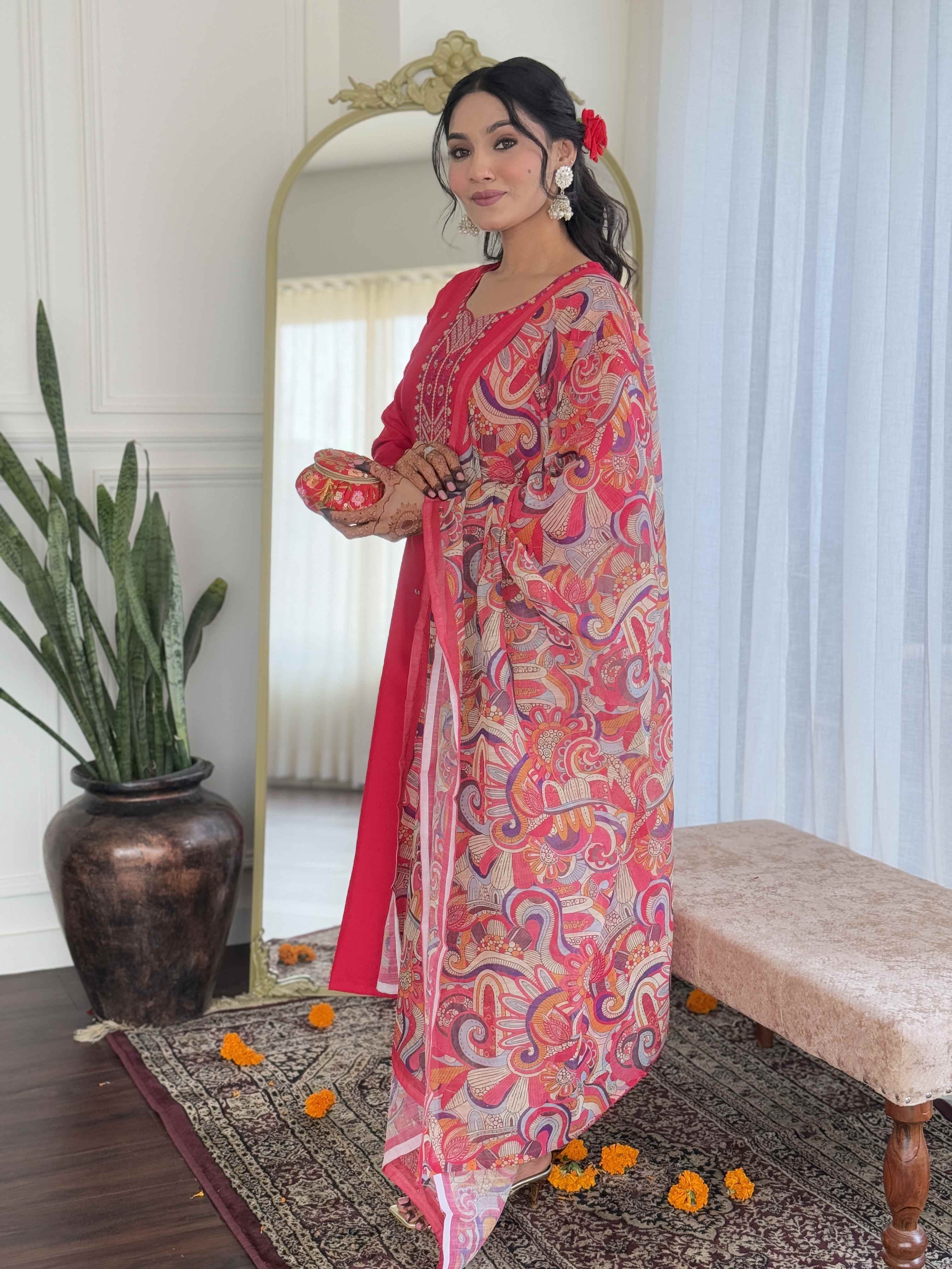 Pink Rayon Straight Kurta Set with Embroidery and Printed Linen Dupatta