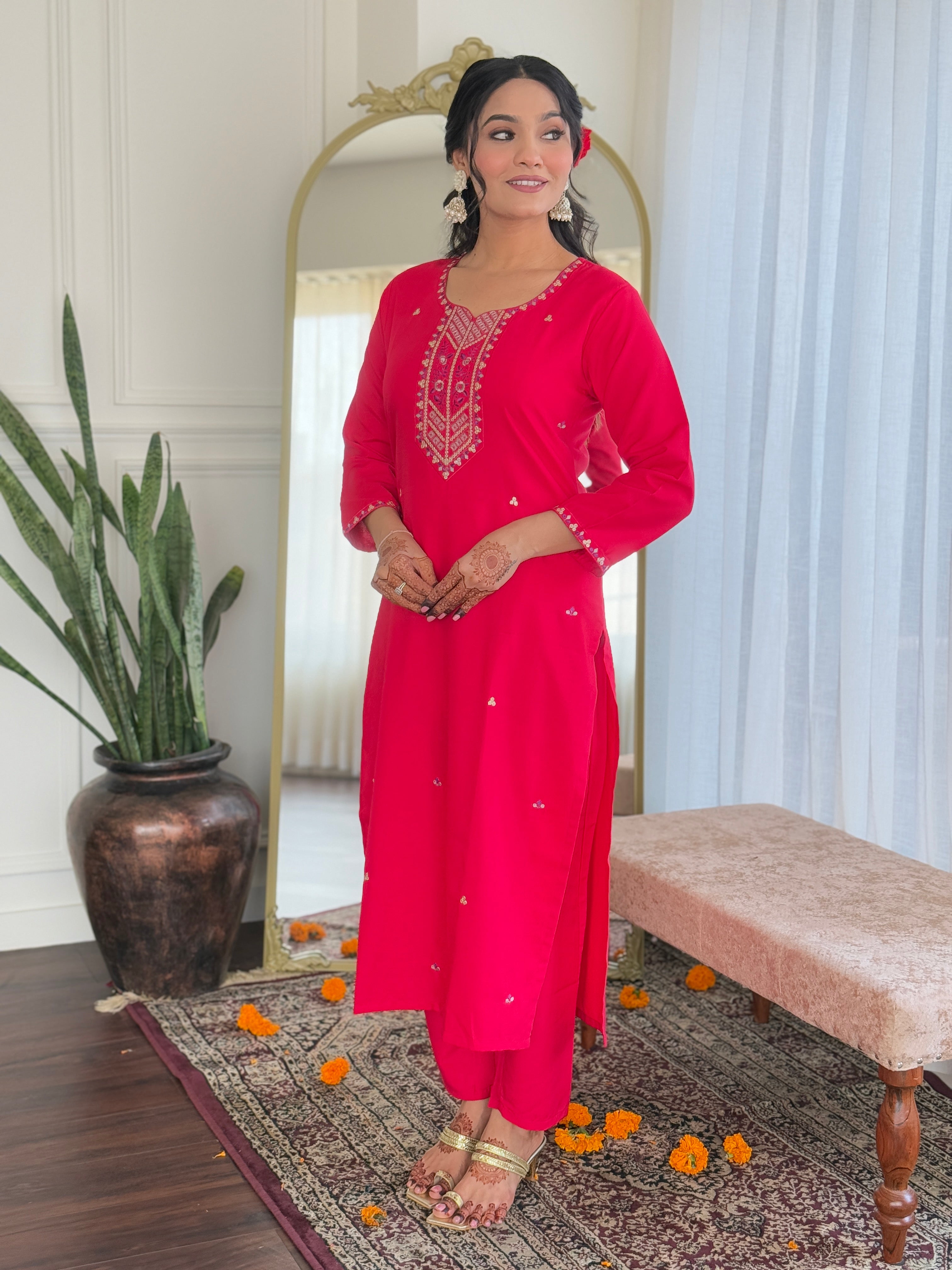 Pink Rayon Straight Kurta Set with Embroidery and Printed Linen Dupatta