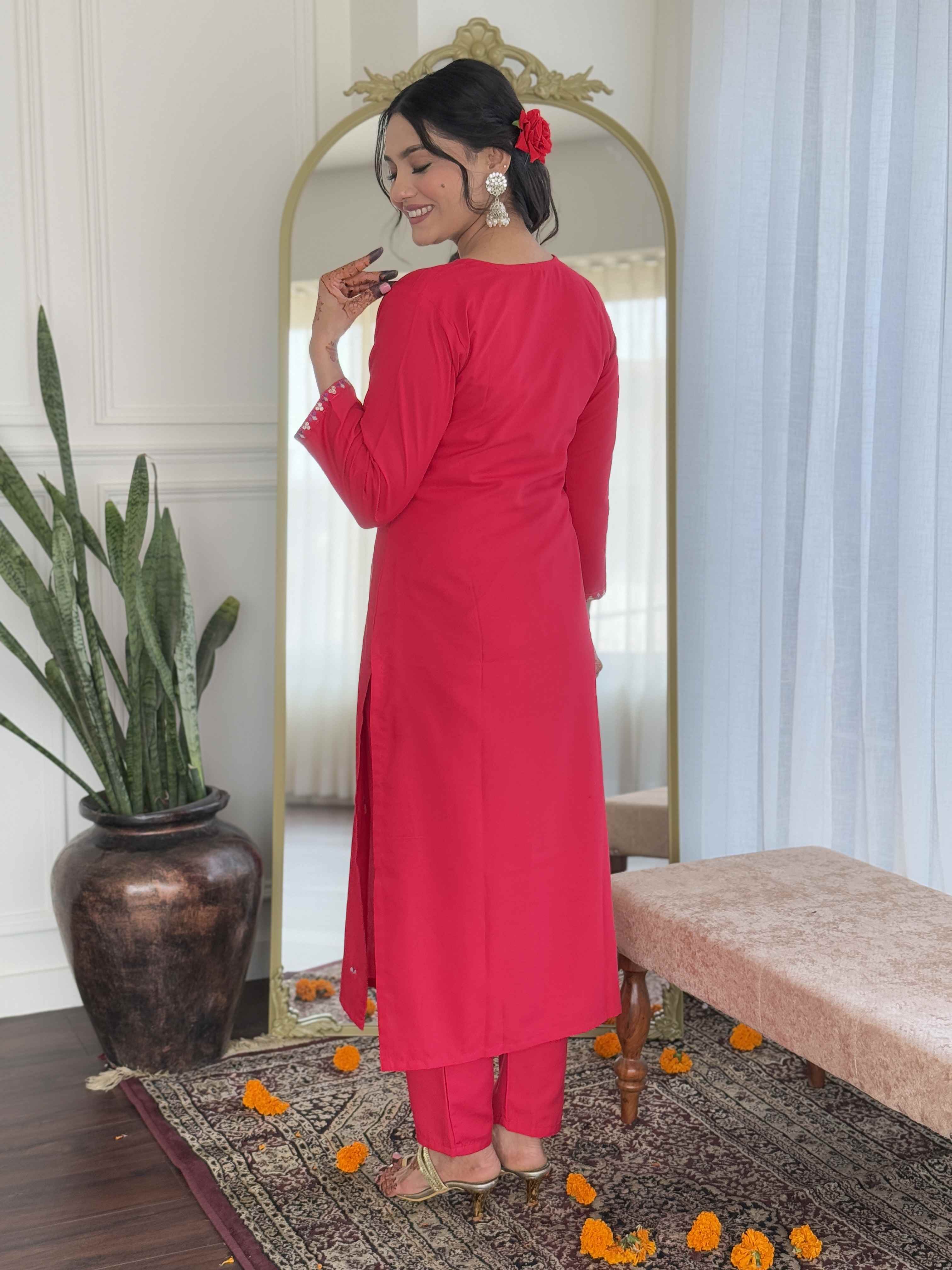 Pink Rayon Straight Kurta Set with Embroidery and Printed Linen Dupatta