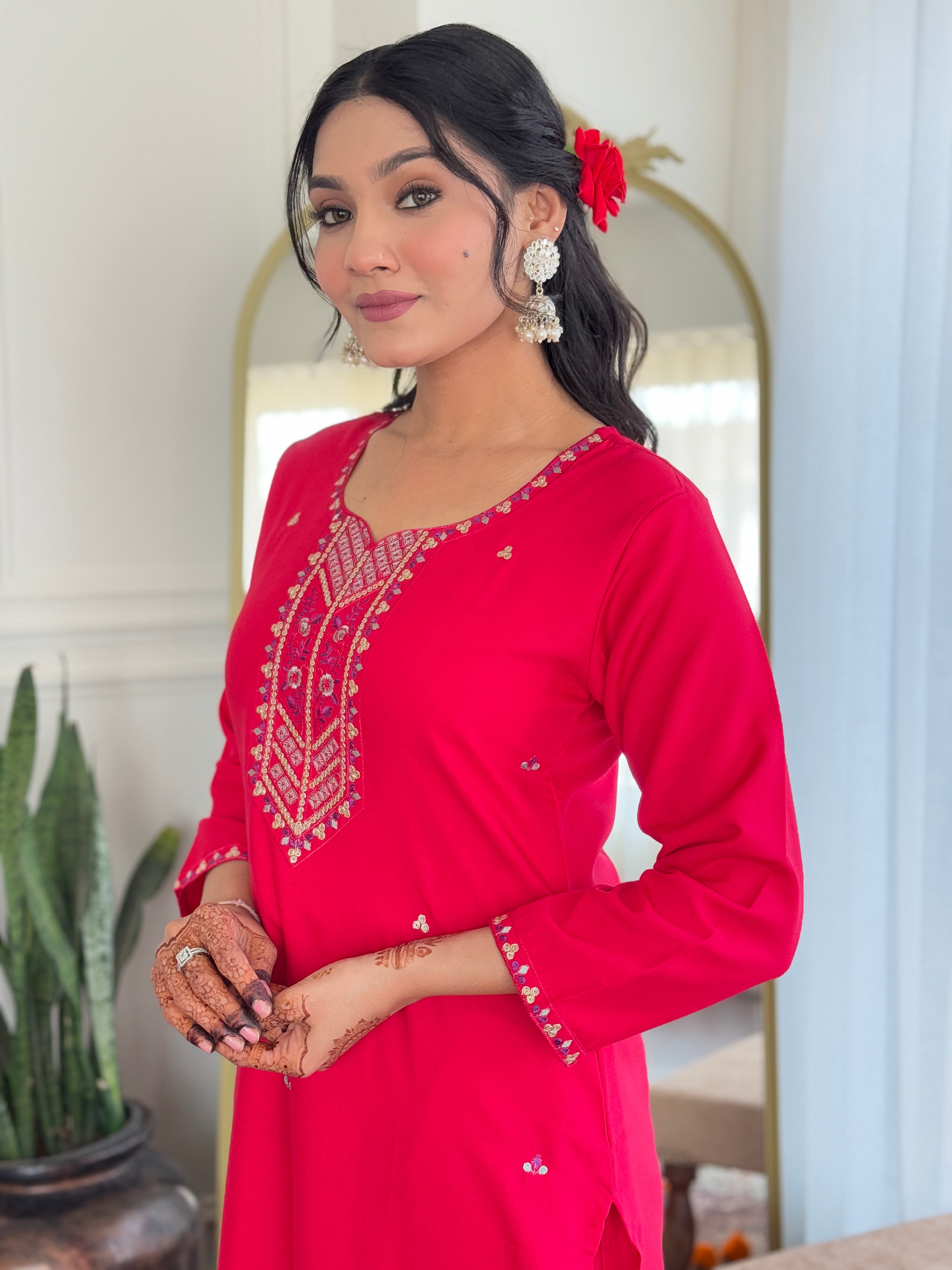 Pink Rayon Straight Kurta Set with Embroidery and Printed Linen Dupatta