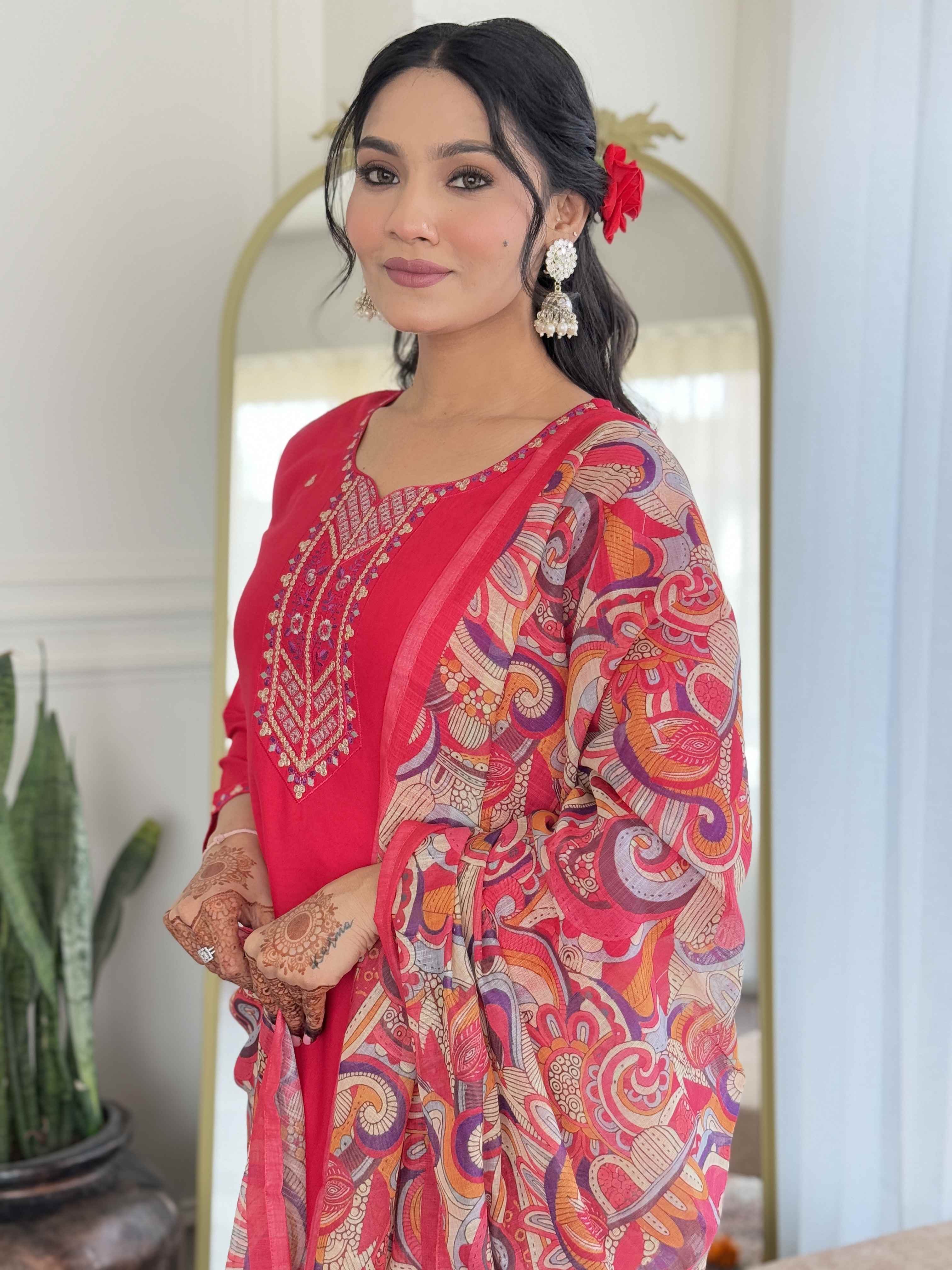 Pink Rayon Straight Kurta Set with Embroidery and Printed Linen Dupatta