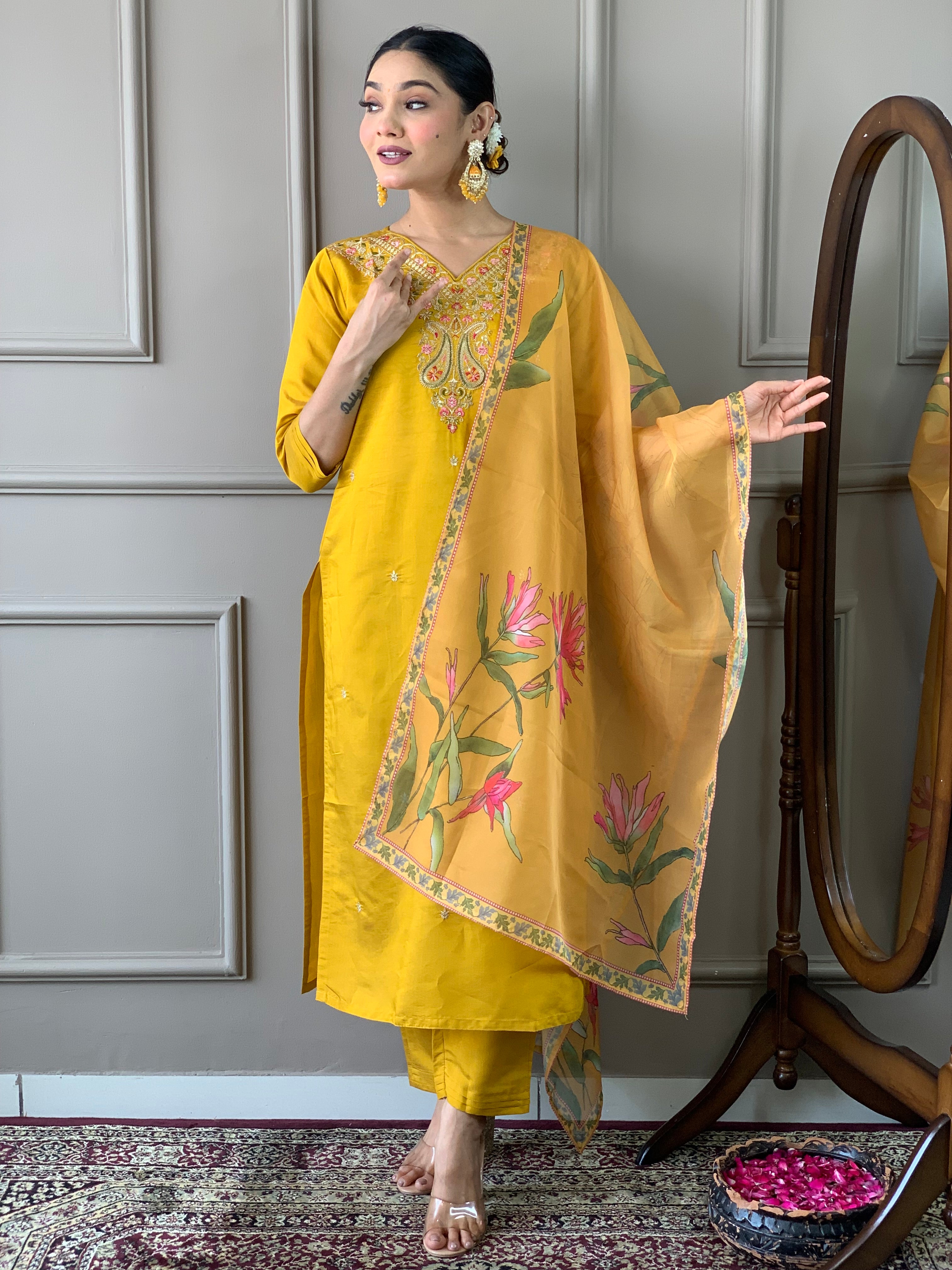 Women's Yellow Viscose Chanderi Embroidered Kurta Set with Nylon Taby Dupatta