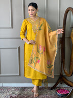 Women's Yellow Viscose Chanderi Embroidered Kurta Set with Nylon Taby Dupatta
