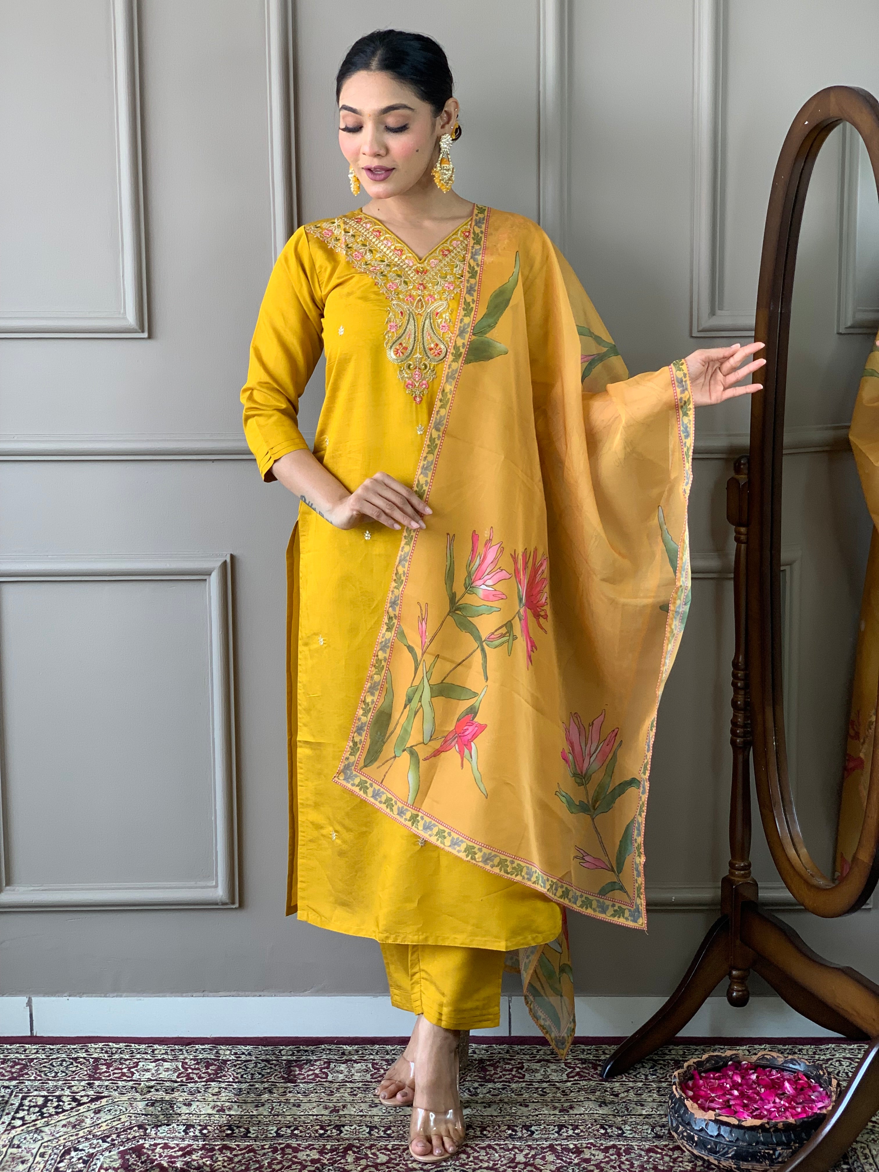 Women's Yellow Viscose Chanderi Embroidered Kurta Set with Nylon Taby Dupatta