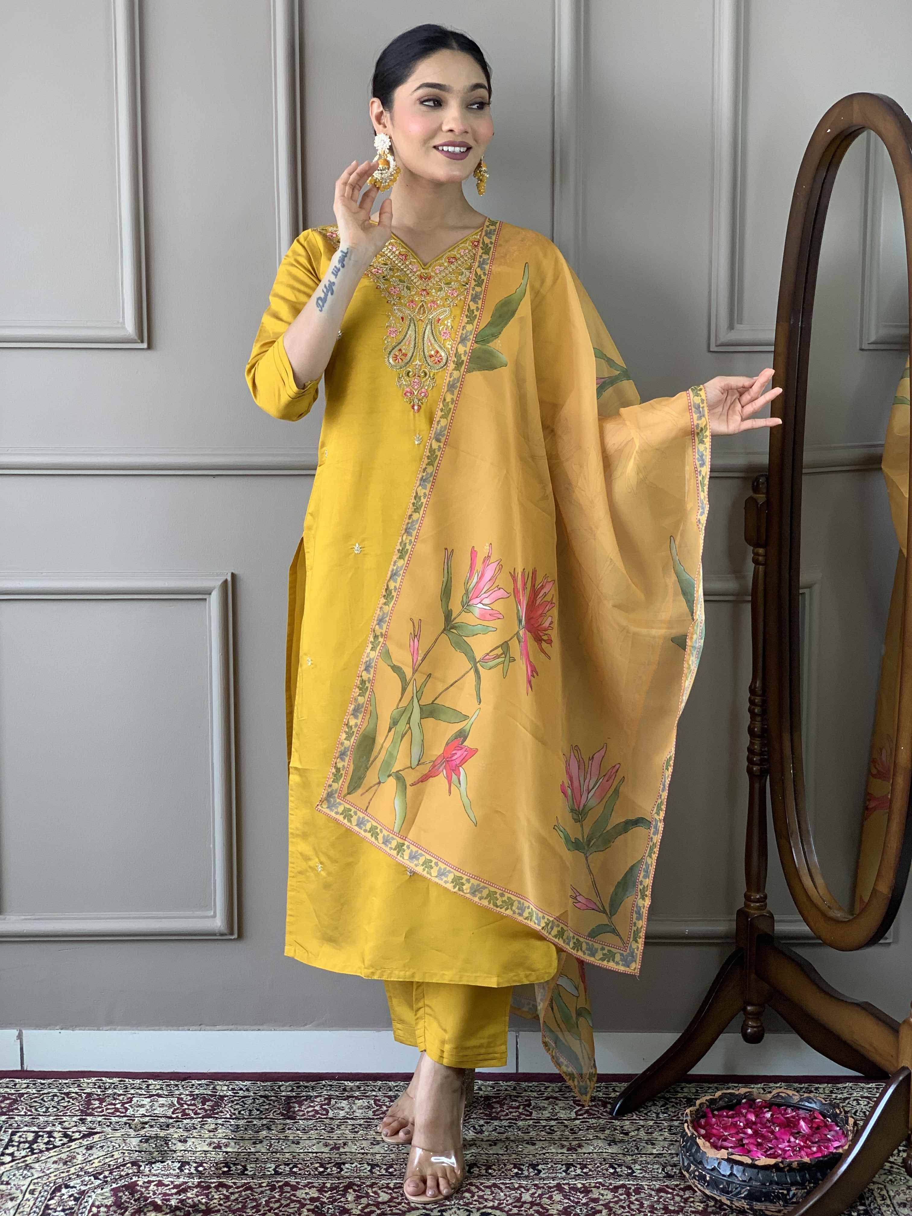 Women's Yellow Viscose Chanderi Embroidered Kurta Set with Nylon Taby Dupatta