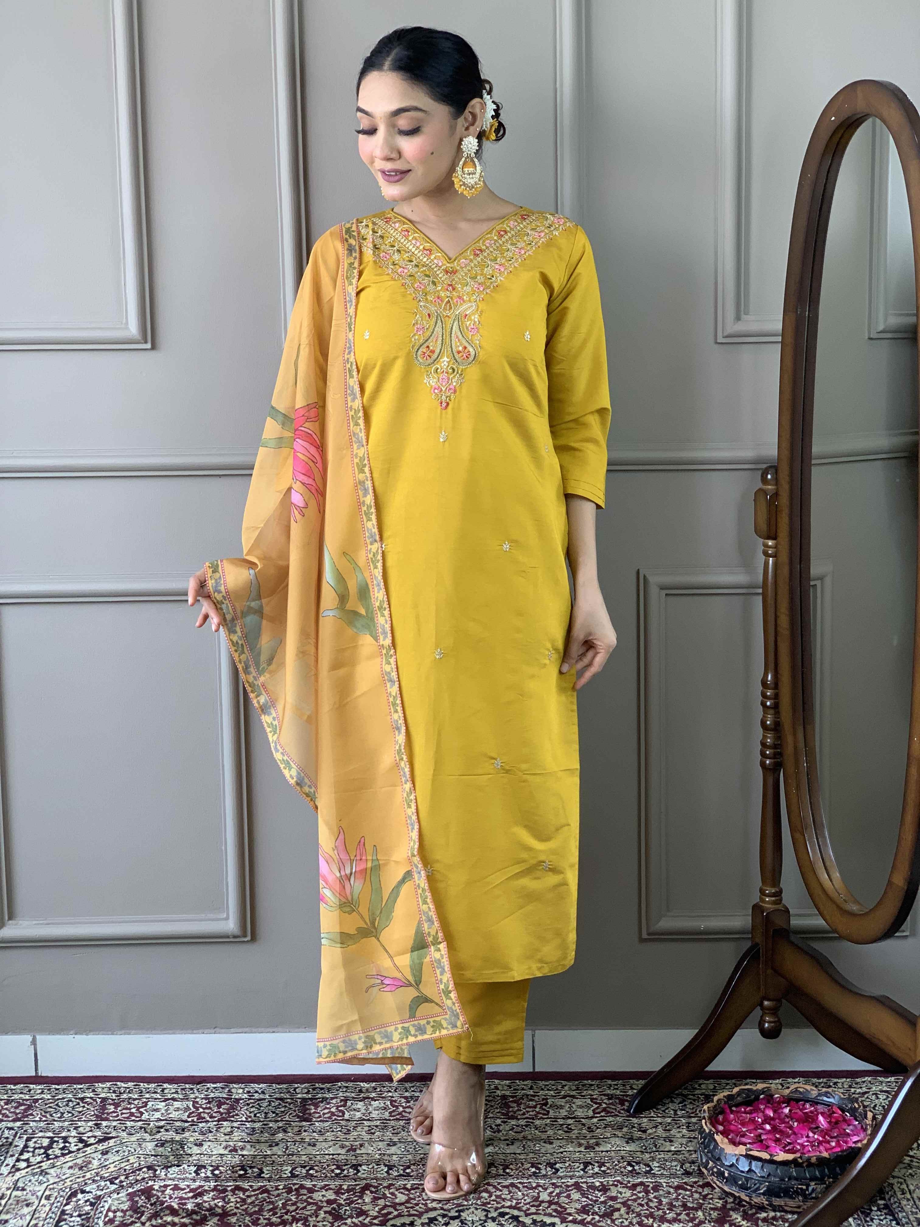 Women’s Yellow Viscose Chanderi Embroidered Kurta Set with Nylon Tabby Dupatta