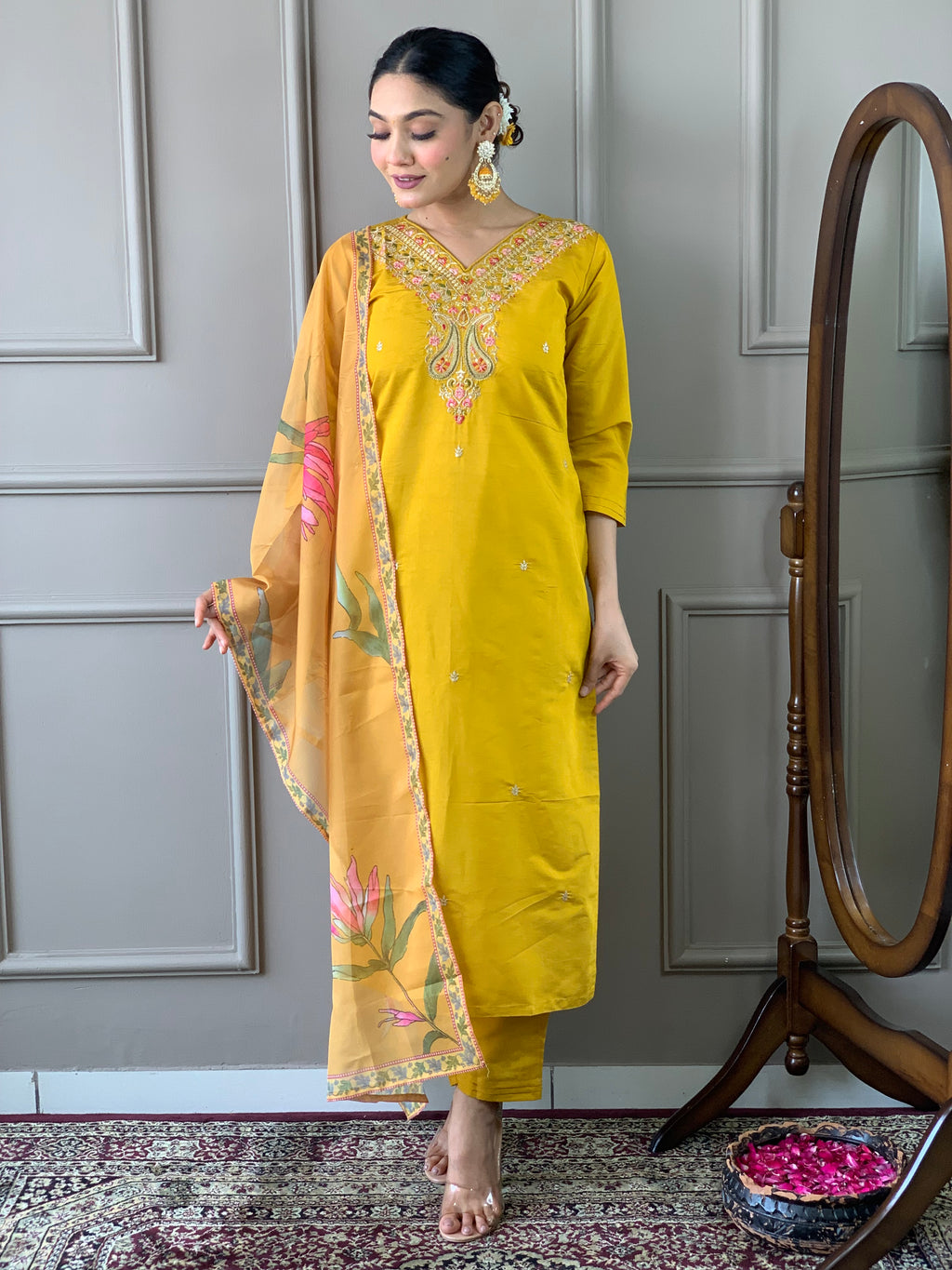 Women's Yellow Viscose Chanderi Embroidered Kurta Set with Nylon Taby Dupatta