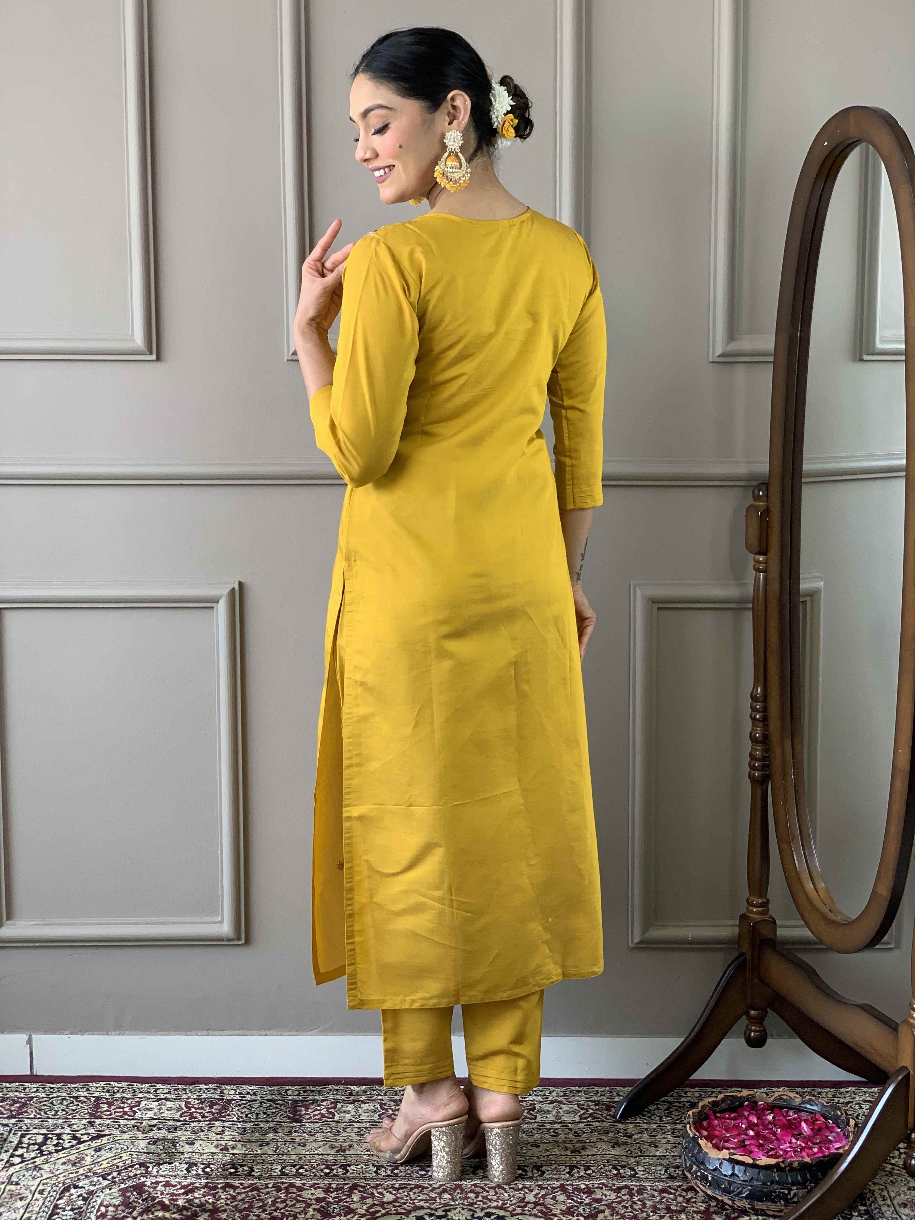 Women's Yellow Viscose Chanderi Embroidered Kurta Set with Nylon Taby Dupatta