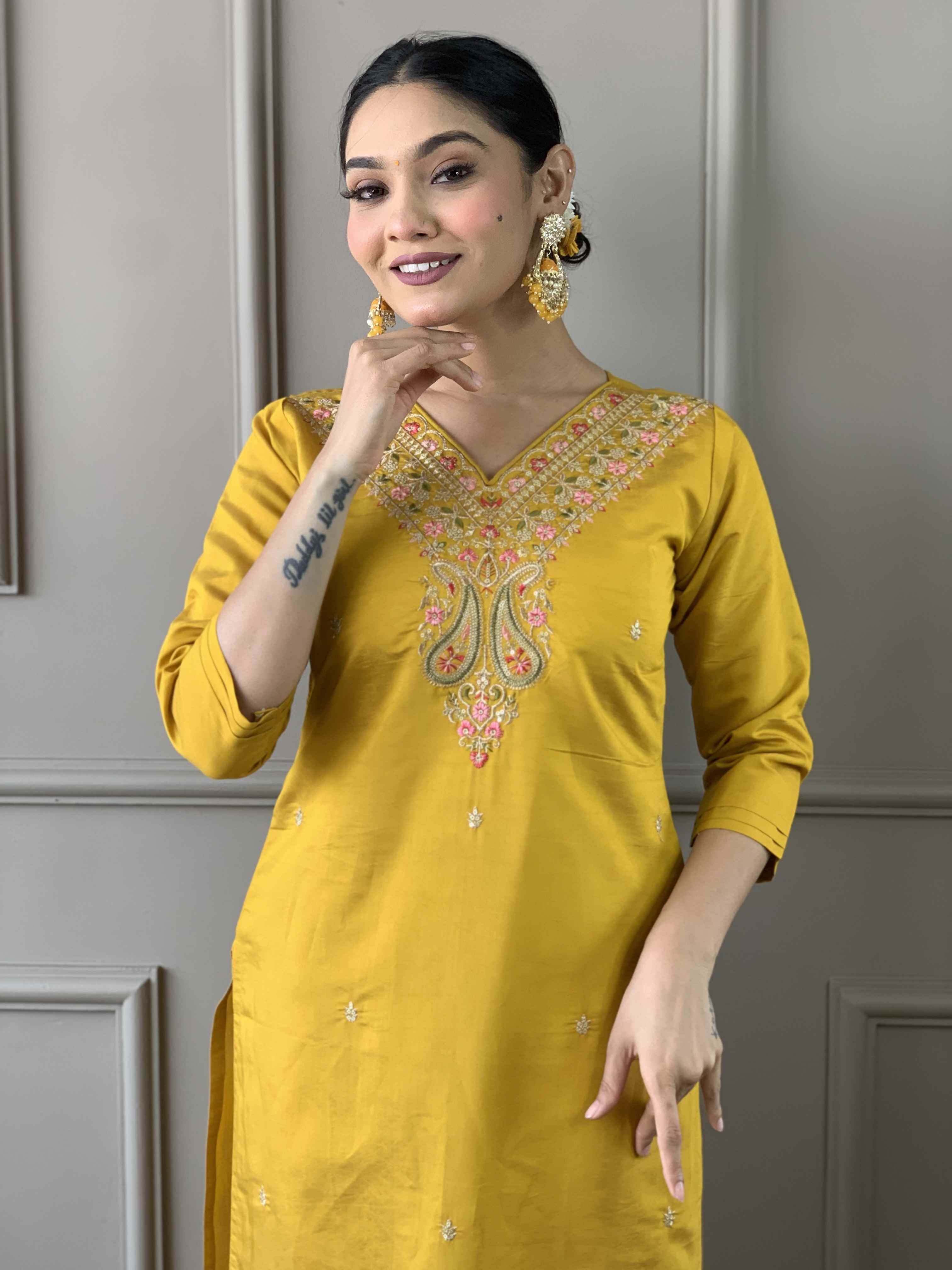 Women’s Yellow Viscose Chanderi Embroidered Kurta Set with Nylon Tabby Dupatta