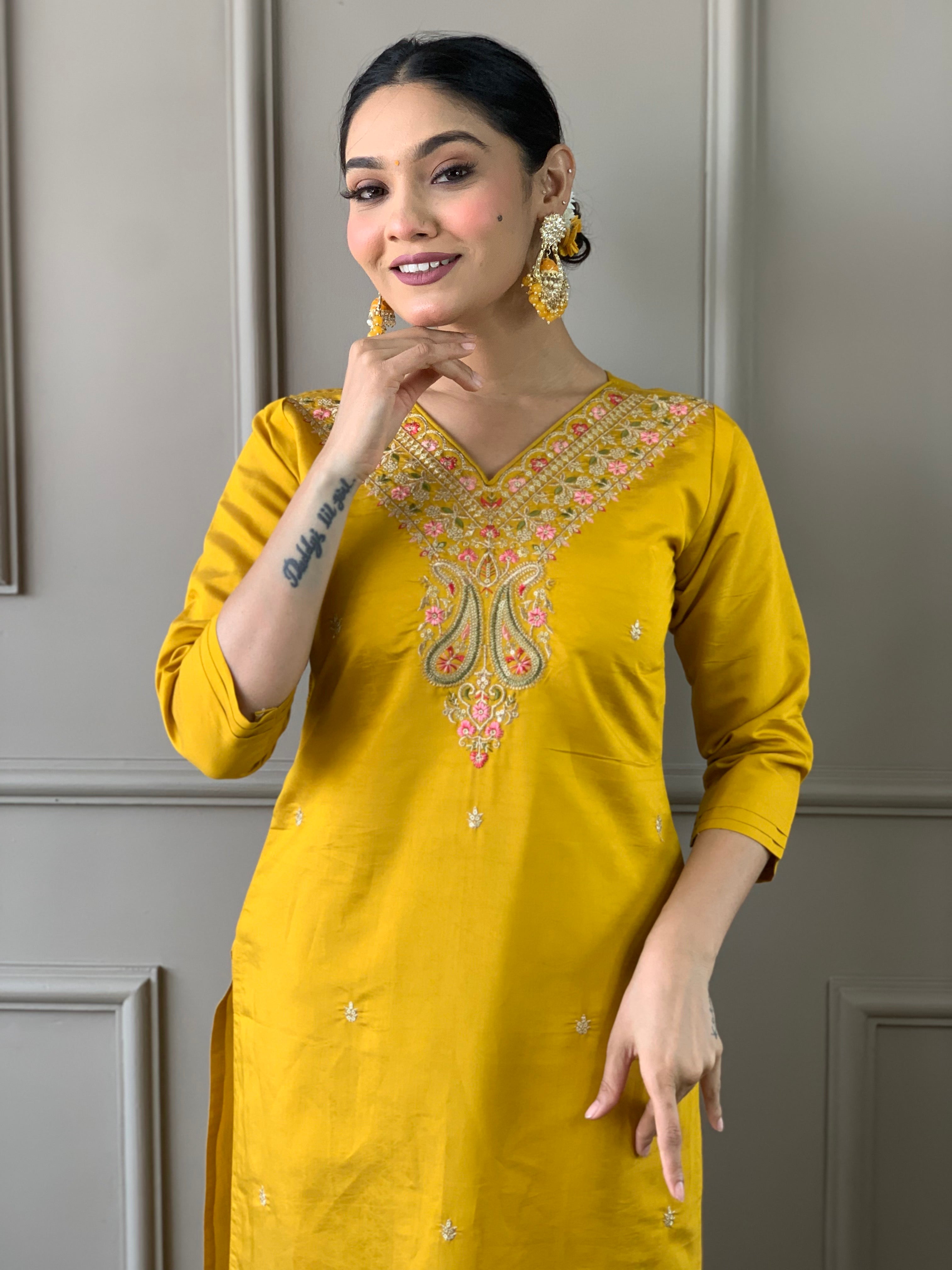 Women's Yellow Viscose Chanderi Embroidered Kurta Set with Nylon Taby Dupatta
