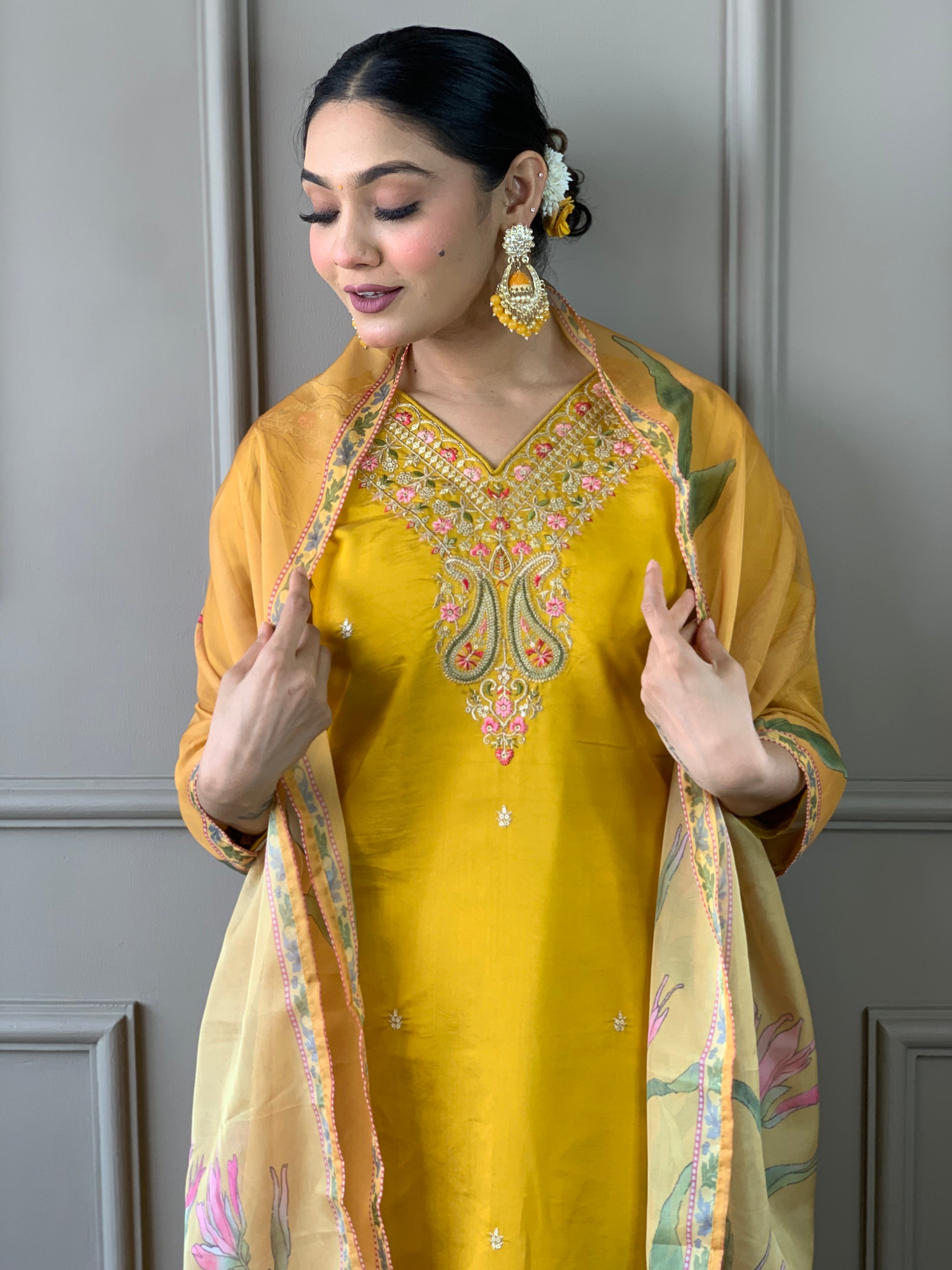 Women’s Yellow Viscose Chanderi Embroidered Kurta Set with Nylon Tabby Dupatta