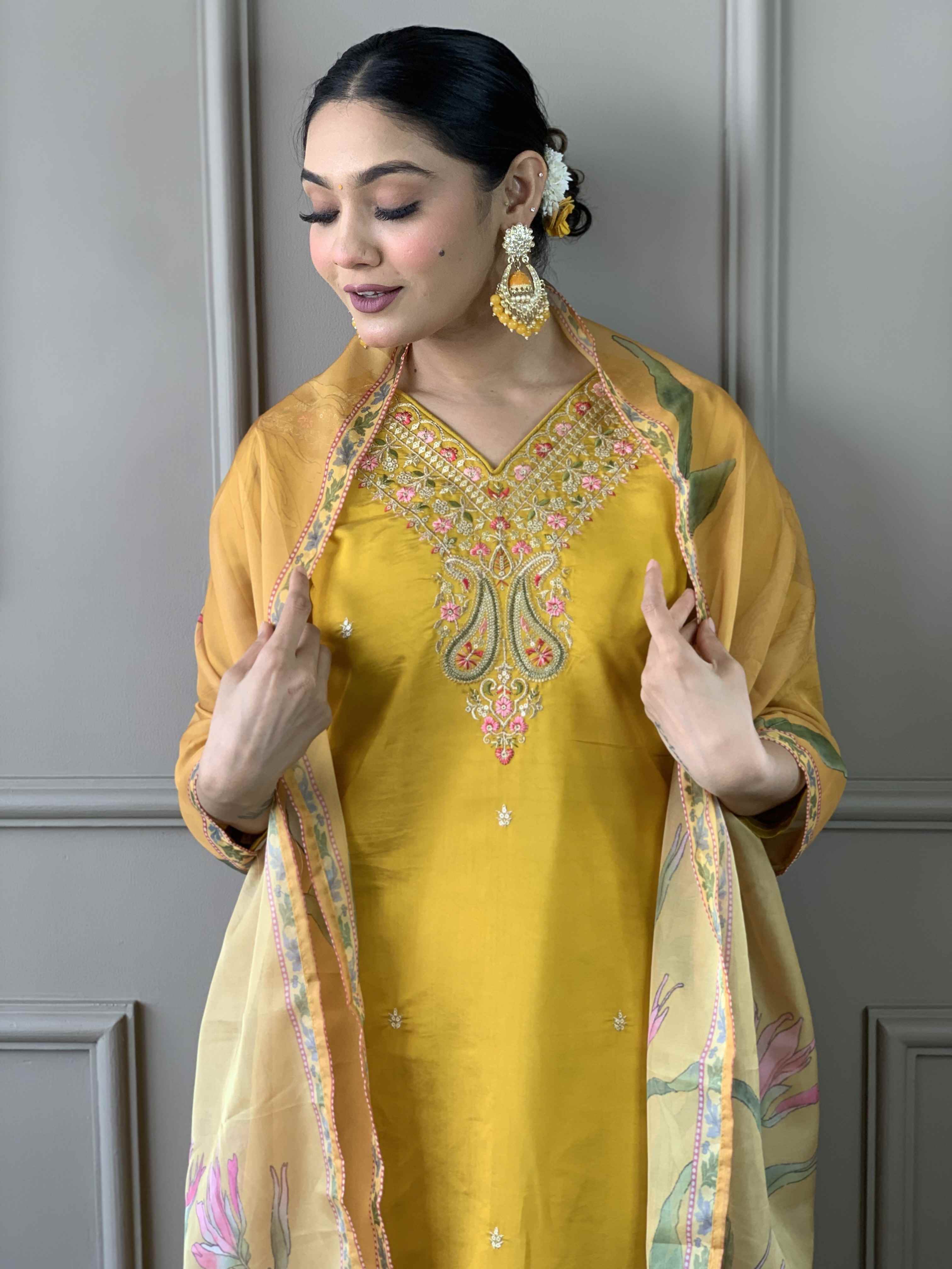 Women's Yellow Viscose Chanderi Embroidered Kurta Set with Nylon Taby Dupatta