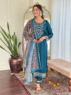 Traditional Blue Chanderi Silk Embroidered Kurta Set Paired with Pure Linen Dupatta