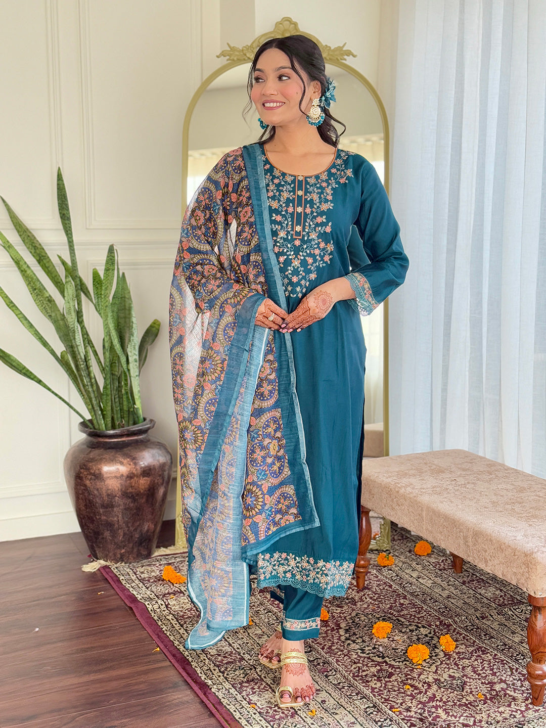 Traditional Blue Chanderi Silk Embroidered Kurta Set Paired with Pure Linen Dupatta
