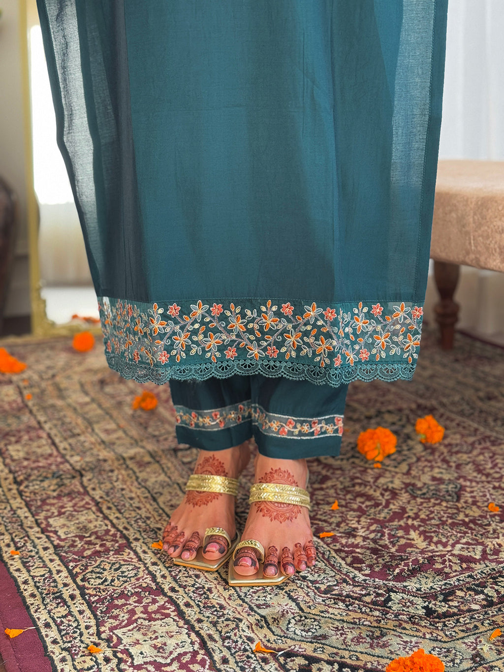 Traditional Blue Chanderi Silk Embroidered Kurta Set Paired with Pure Linen Dupatta