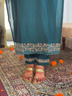 Traditional Blue Chanderi Silk Embroidered Kurta Set Paired with Pure Linen Dupatta