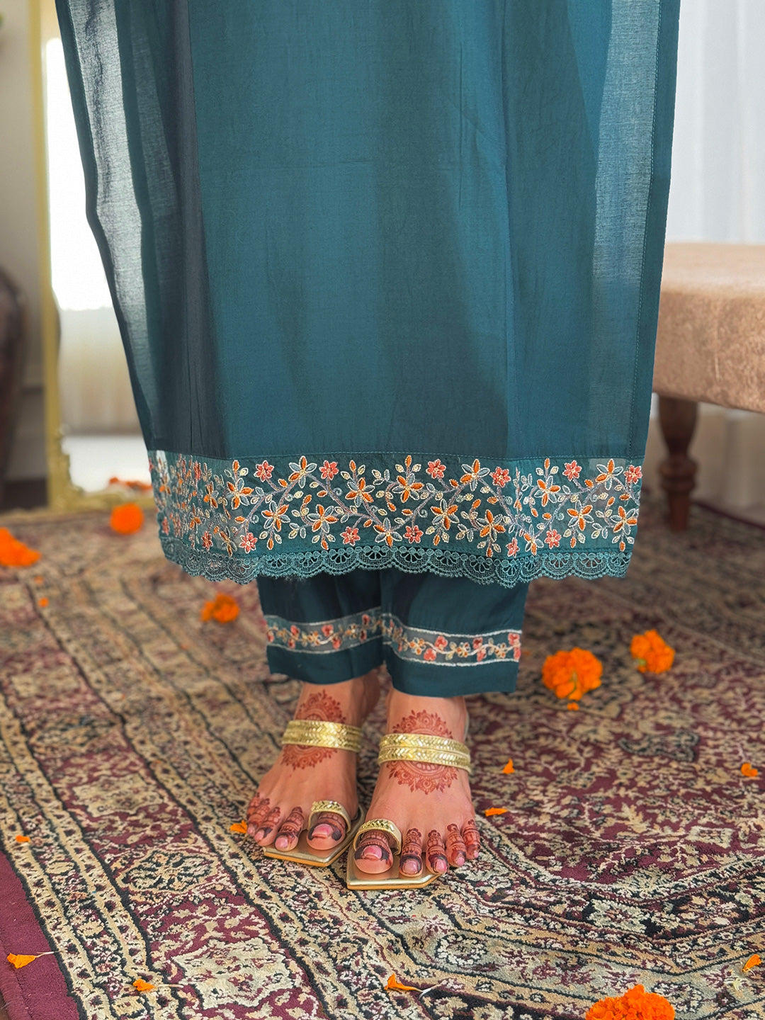 Traditional Blue Chanderi Silk Embroidered Kurta Set Paired with Pure Linen Dupatta