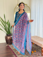 Traditional Blue Chanderi Silk Embroidered Kurta Set Paired with Pure Linen Dupatta