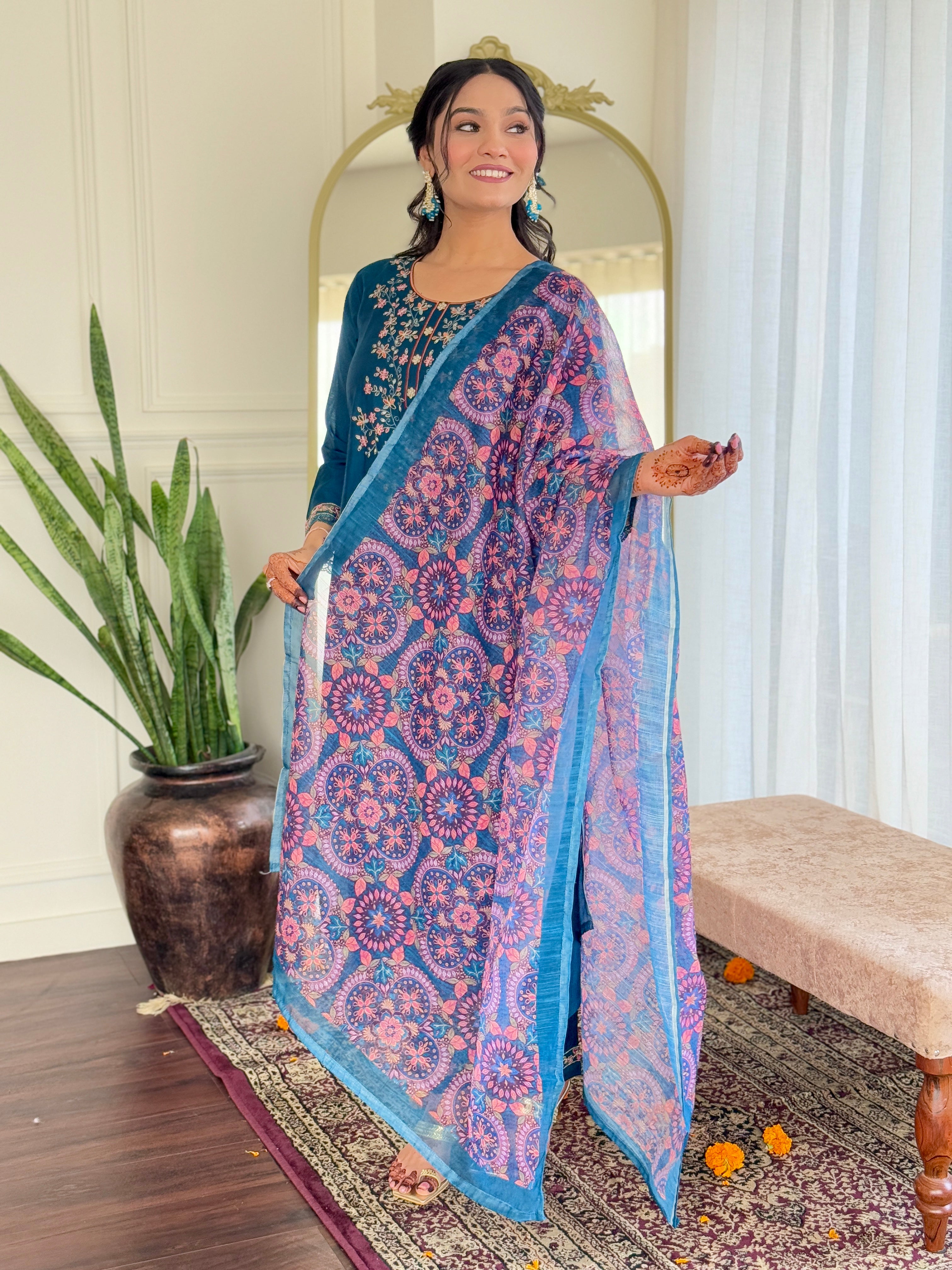 Traditional Blue Chanderi Silk Embroidered Kurta Set Paired with Pure Linen Dupatta