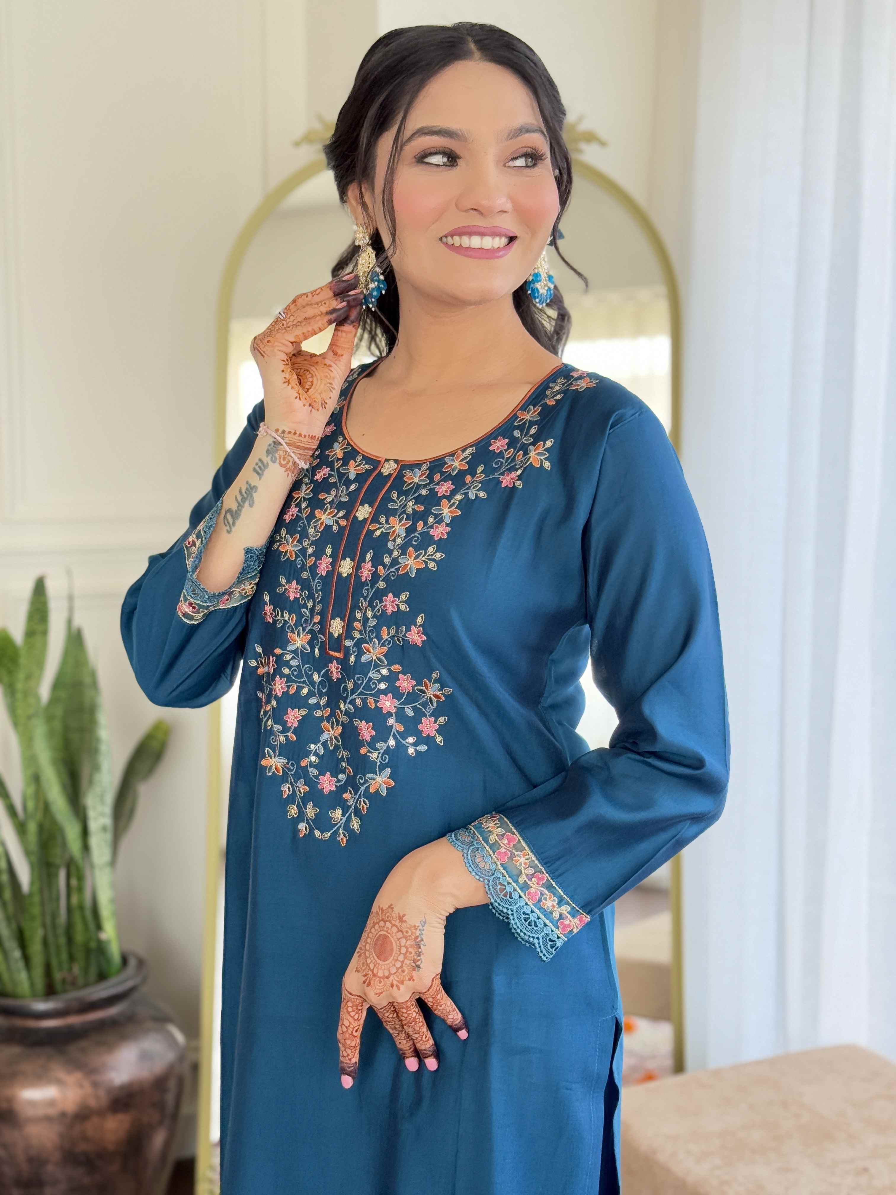 Traditional Blue Chanderi Silk Embroidered Kurta Set Paired with Pure Linen Dupatta