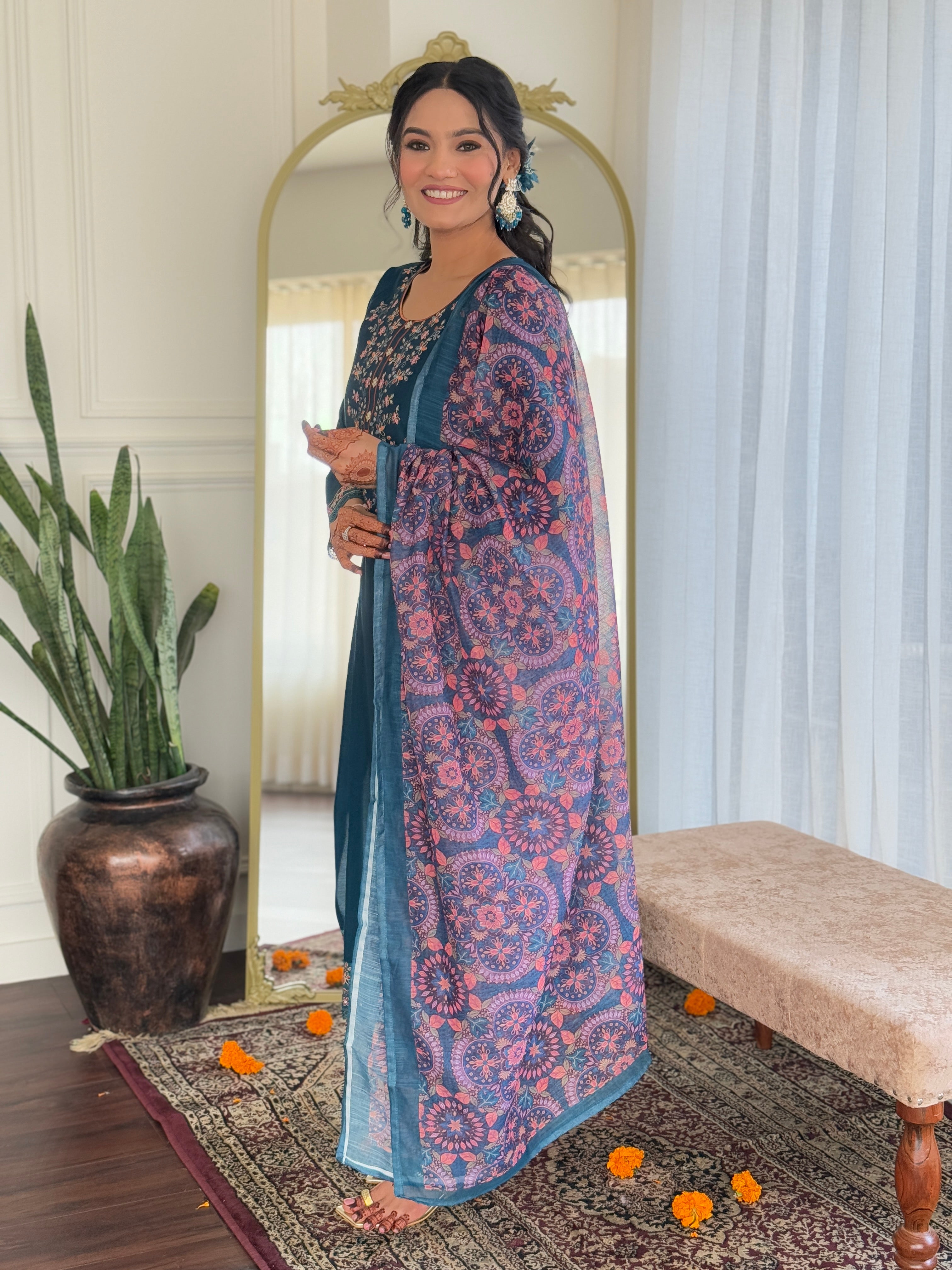 Traditional Blue Chanderi Silk Embroidered Kurta Set Paired with Pure Linen Dupatta
