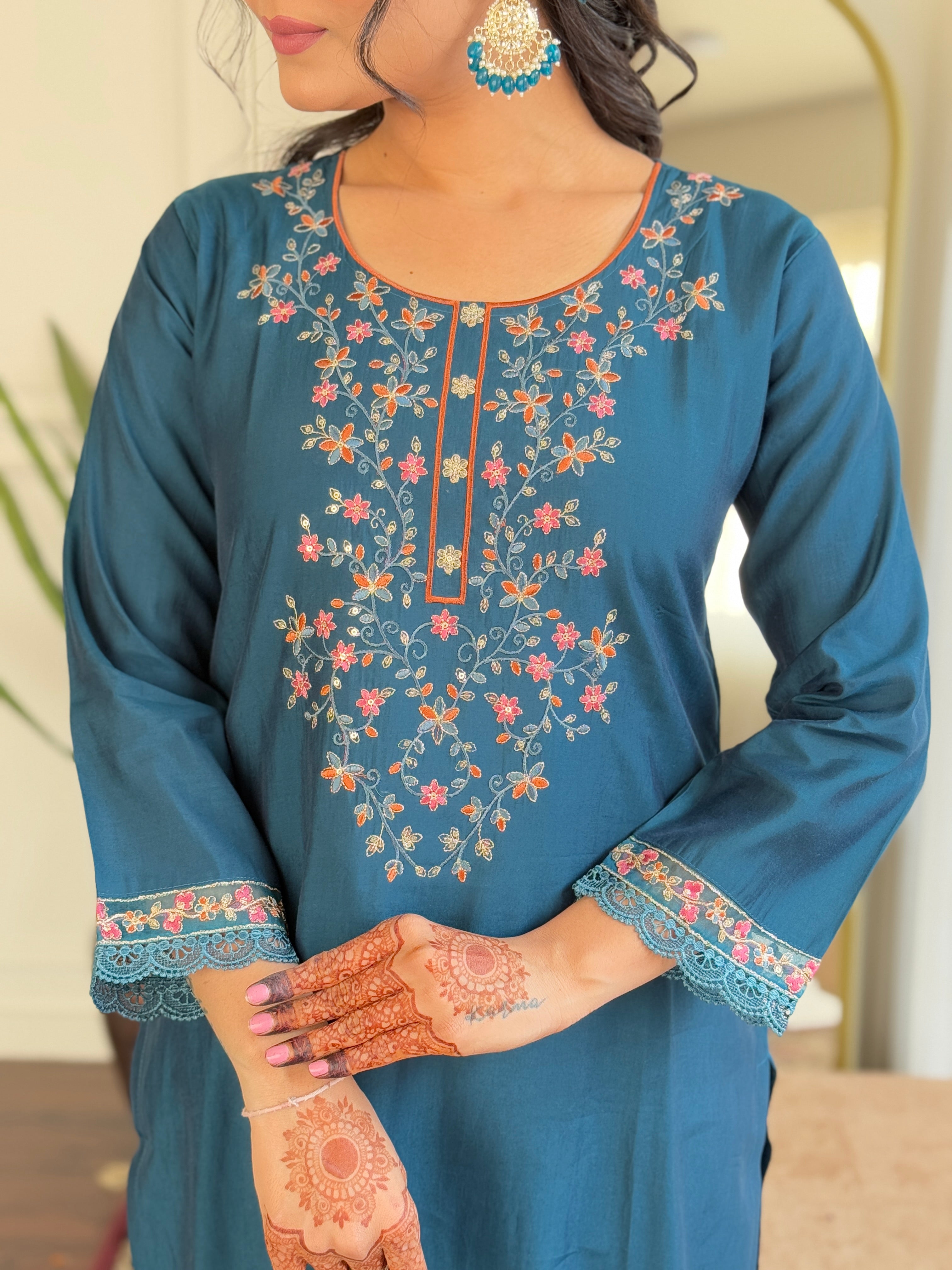 Traditional Blue Chanderi Silk Embroidered Kurta Set Paired with Pure Linen Dupatta