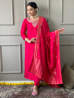 Festive Pink Embroidered Chanderi Kurta Set with Stylish Nylon Jacquard Dupatta