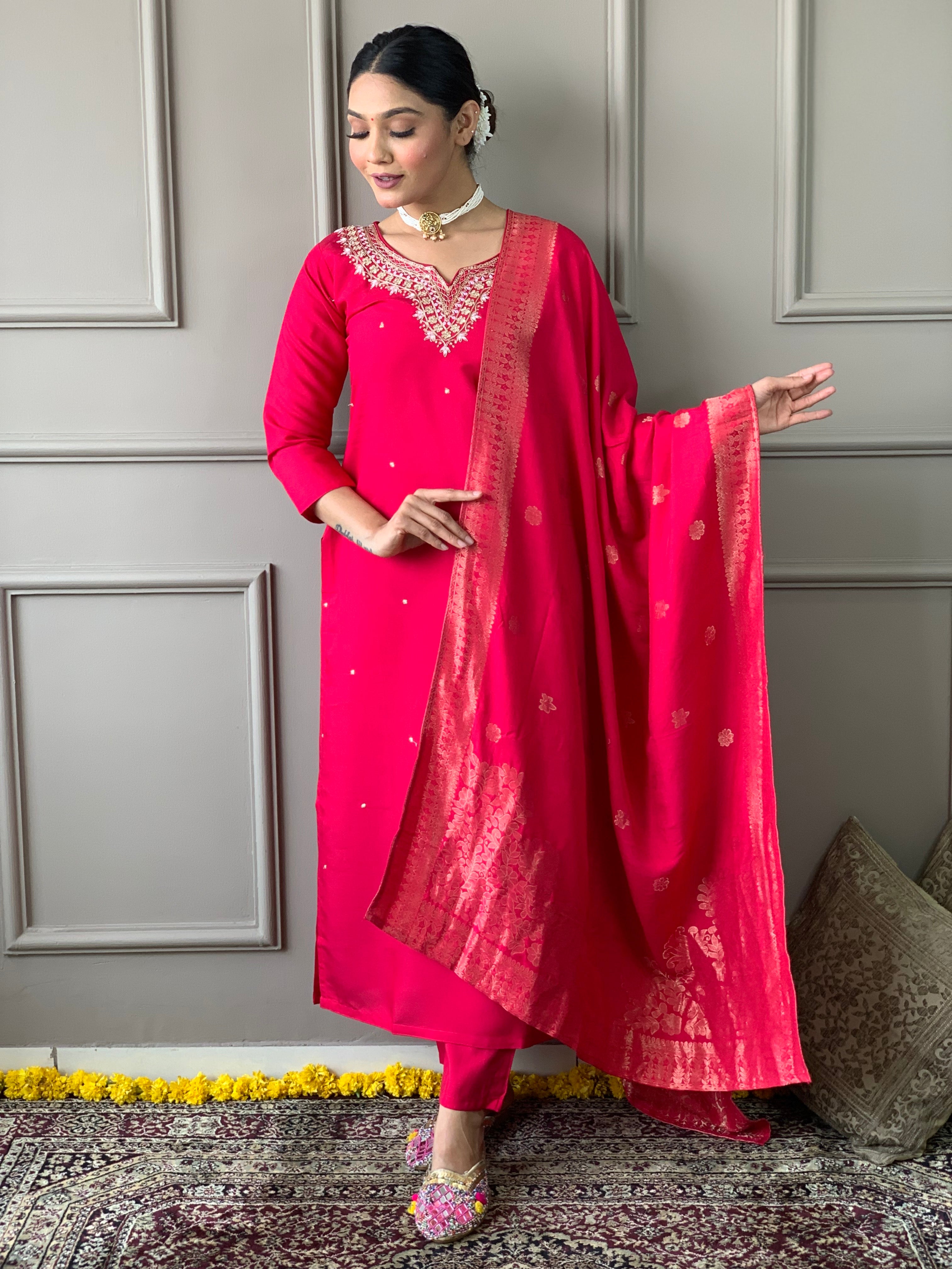 Festive Pink Embroidered Chanderi Kurta Set with Stylish Nylon Jacquard Dupatta