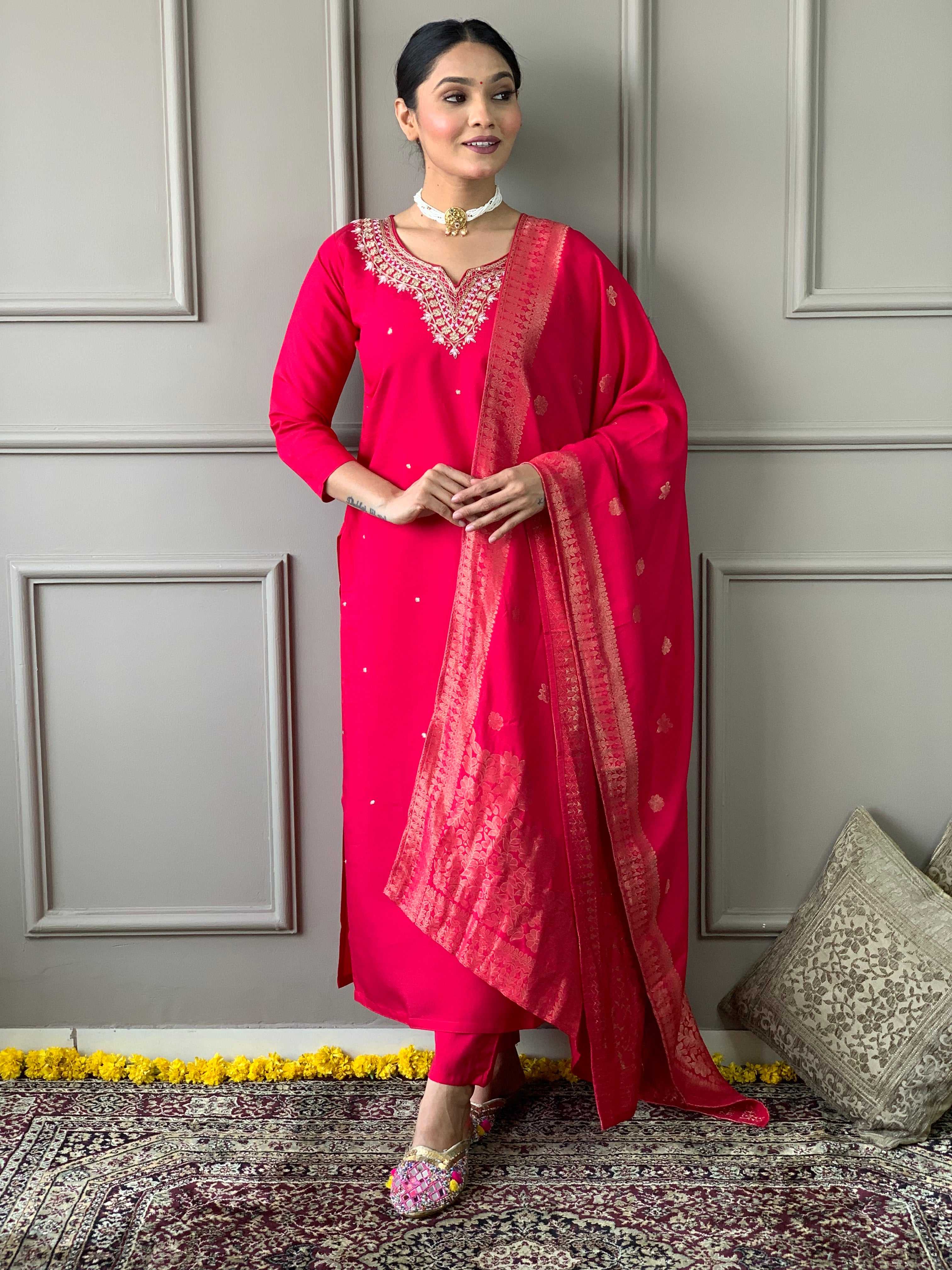 Festive Pink Embroidered Chanderi Kurta Set with Stylish Nylon Jacquard Dupatta