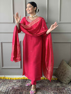 Festive Pink Embroidered Chanderi Kurta Set with Stylish Nylon Jacquard Dupatta