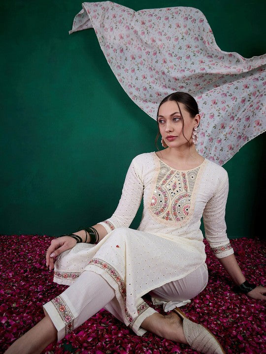 Women's Off-White Schiffli Cotton Embroidered Kurta Set with Kota Chex Dupatta