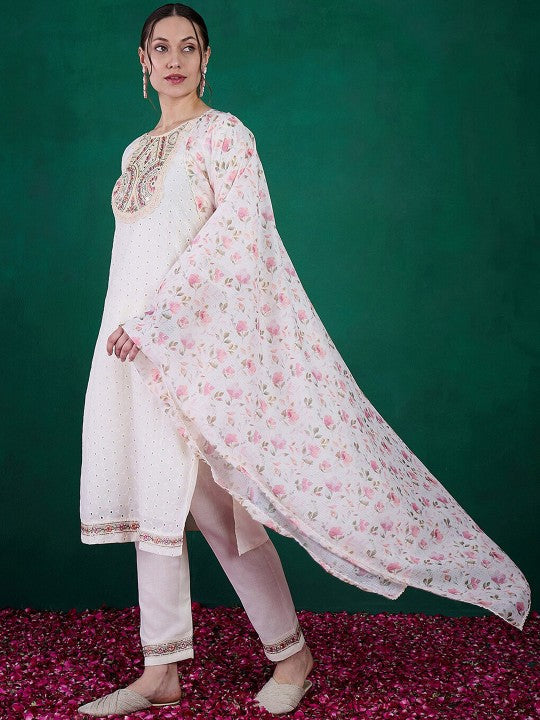 Women's Off-White Schiffli Cotton Embroidered Kurta Set with Kota Chex Dupatta