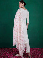 Women's Off-White Schiffli Cotton Embroidered Kurta Set with Kota Chex Dupatta