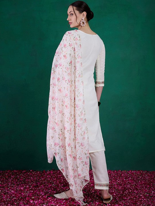 Women's Off-White Schiffli Cotton Embroidered Kurta Set with Kota Chex Dupatta