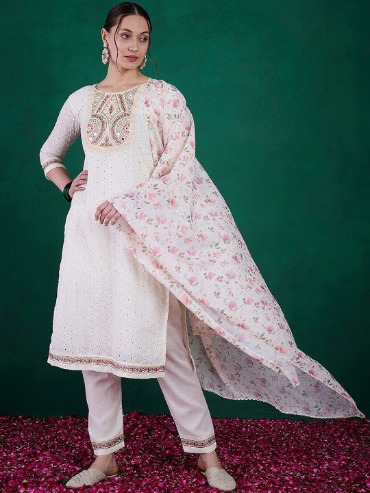 Women's Off-White Schiffli Cotton Embroidered Kurta Set with Kota Chex Dupatta
