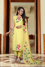 Floral Print Yellow Viscose French Crepe Kurta Set with Georgette Dupatta & Lace Border
