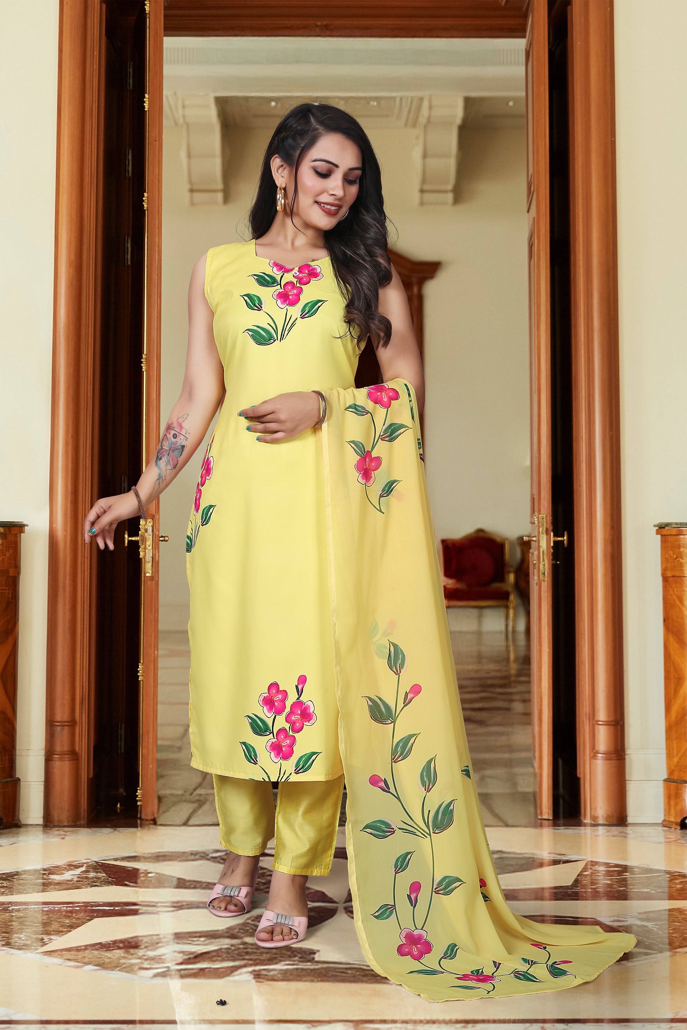 Floral Print Yellow Viscose French Crepe Kurta Set with Georgette Dupatta & Lace Border