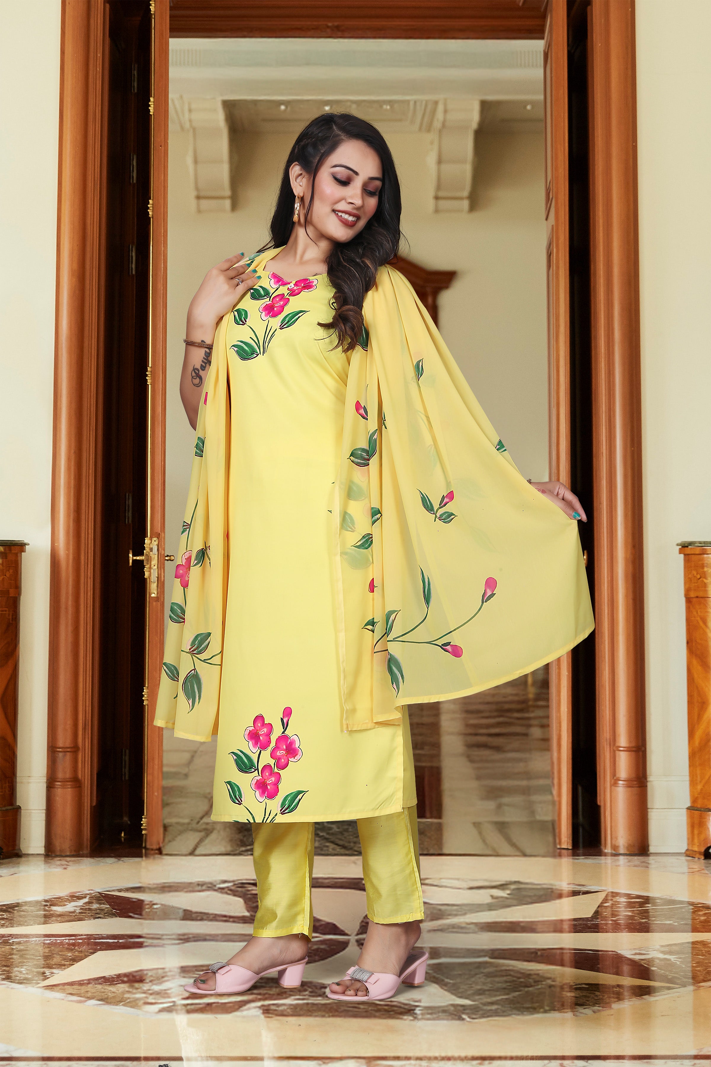 Floral Print Yellow Viscose French Crepe Kurta Set with Georgette Dupatta & Lace Border