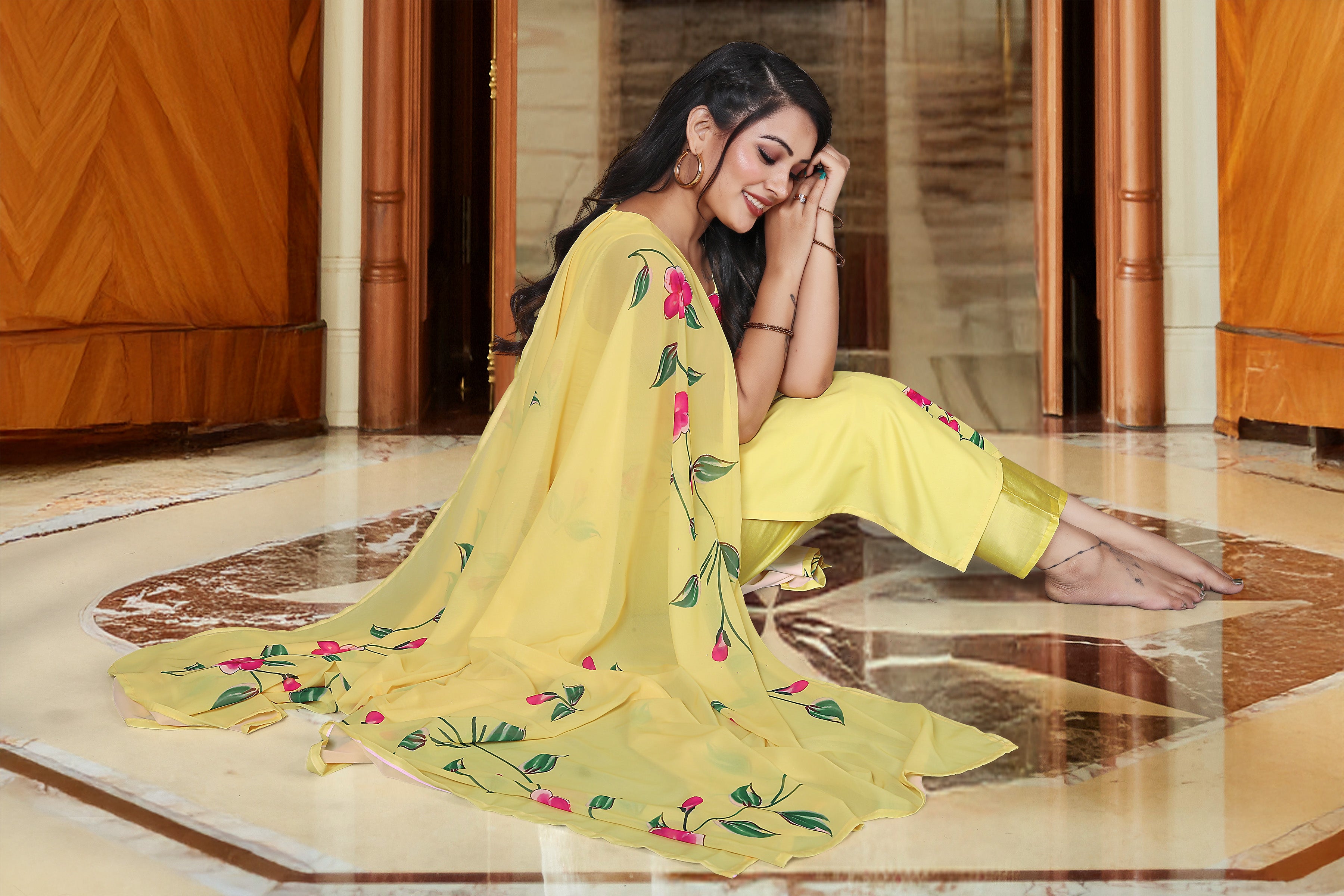 Floral Print Yellow Viscose French Crepe Kurta Set with Georgette Dupatta & Lace Border